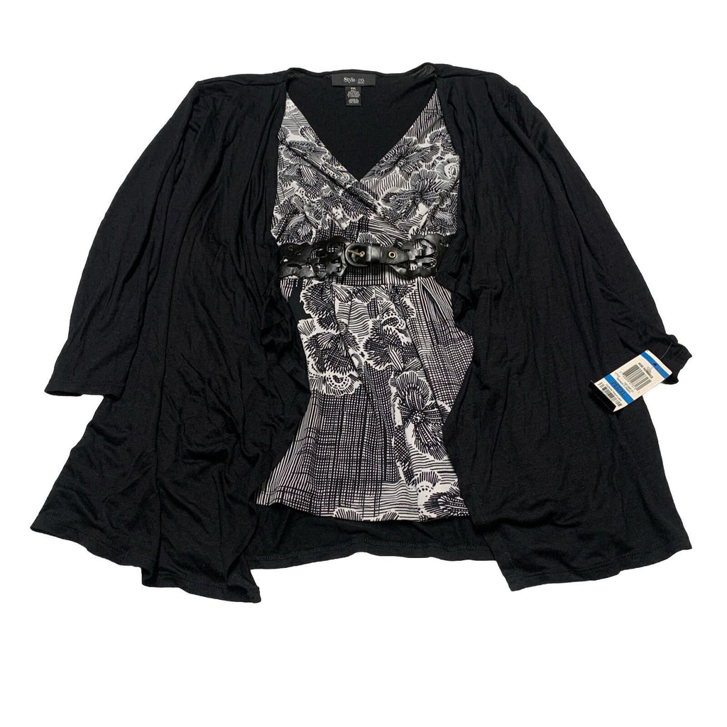 Túnica con cinturón estilo bohemio festivo en blanco y negro PXL para mujer de Style &amp; Co.