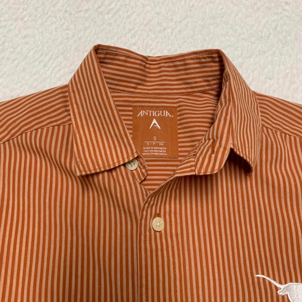 Camisa a rayas naranja con botones, talla pequeña, para hombre de la Universidad de Antigua de Texas