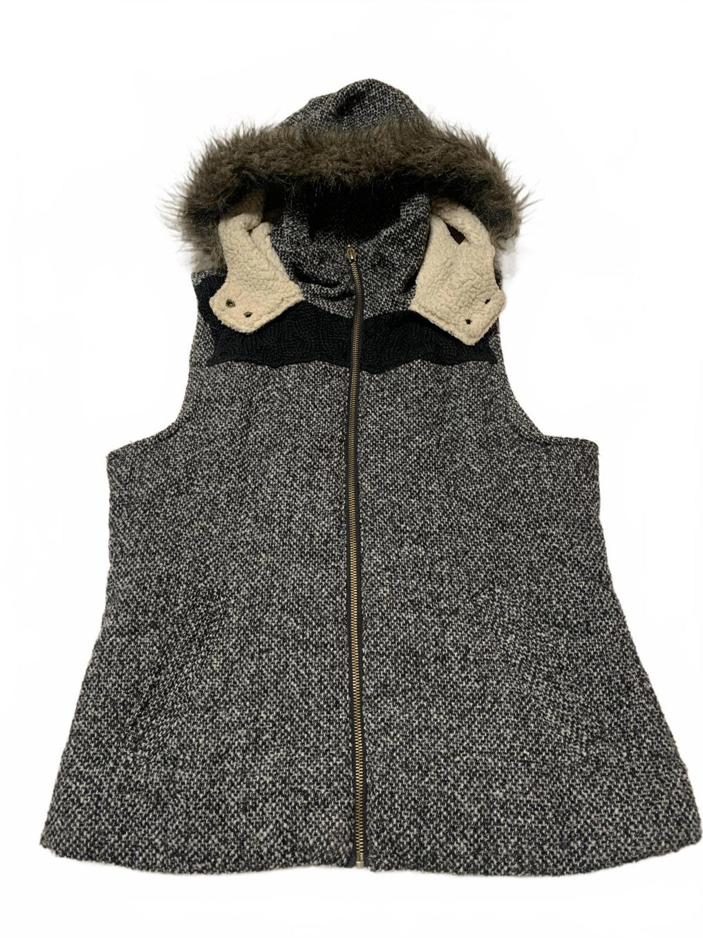 Chaleco de piel sintética Y2K Supply Co. para mujer, talla L, negro moteado, con capucha y cremallera