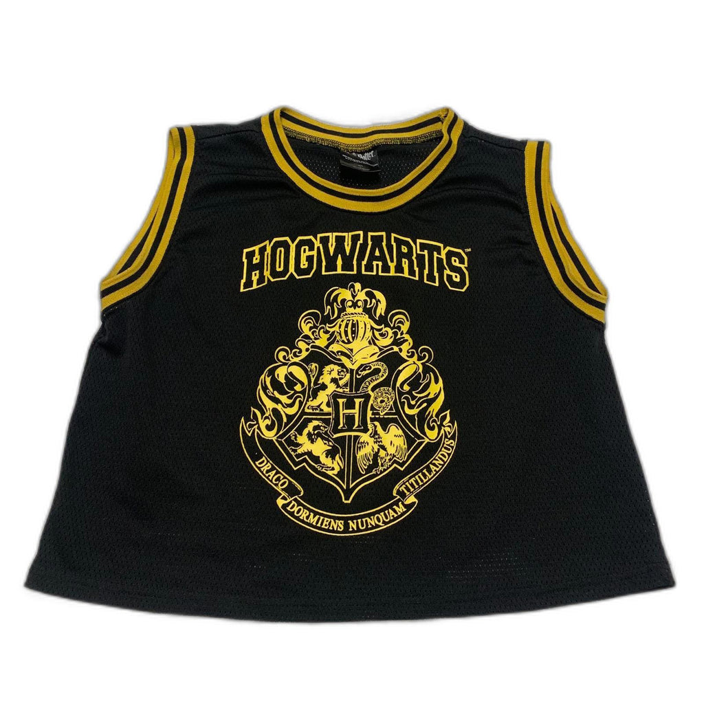 Top corto de malla con el escudo de Hogwarts, unisex, talla L, negro y amarillo, de Harry Potter para niños