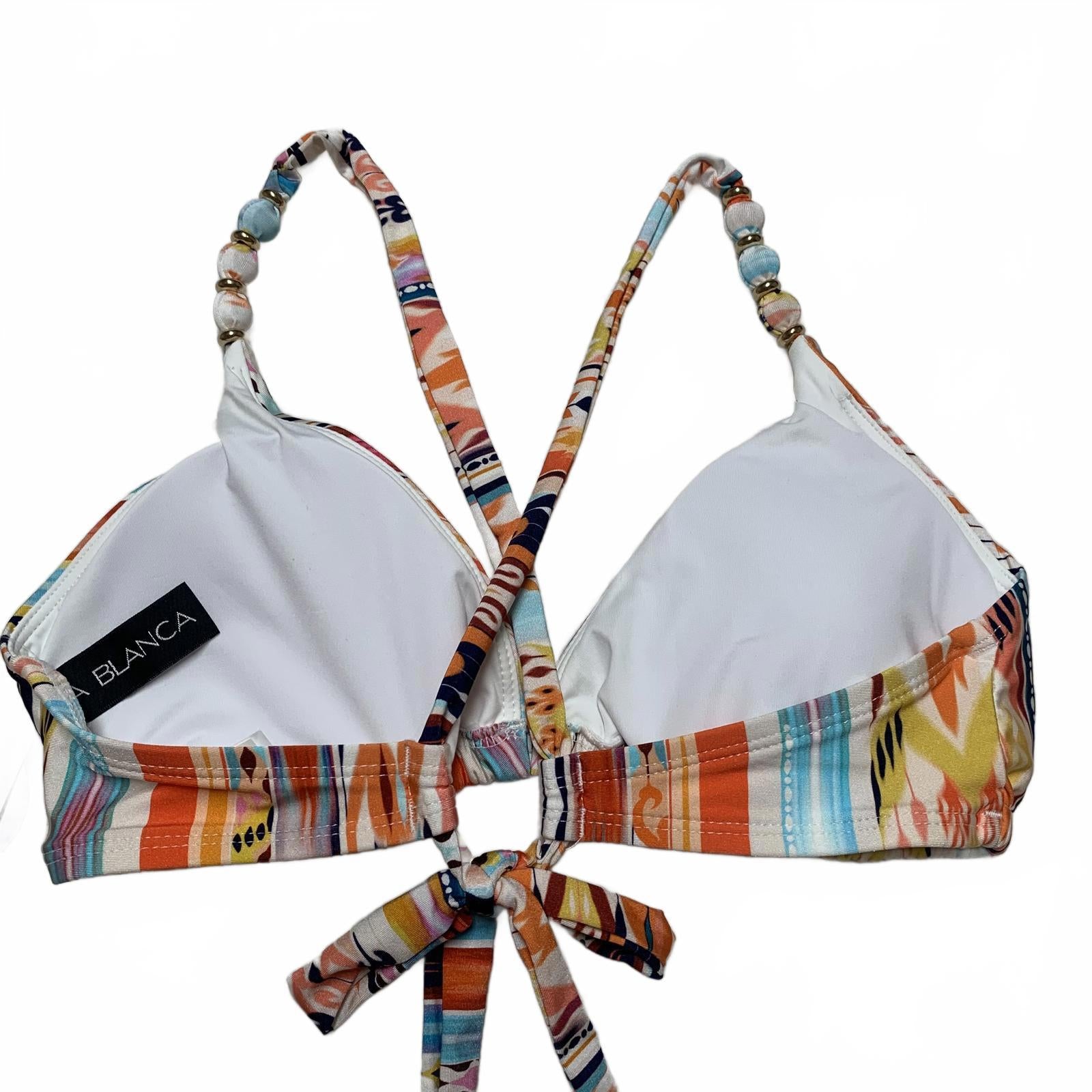 Top de bikini triangular con tirantes de cuentas y estampado colorido LA Blanca para mujer, talla 10
