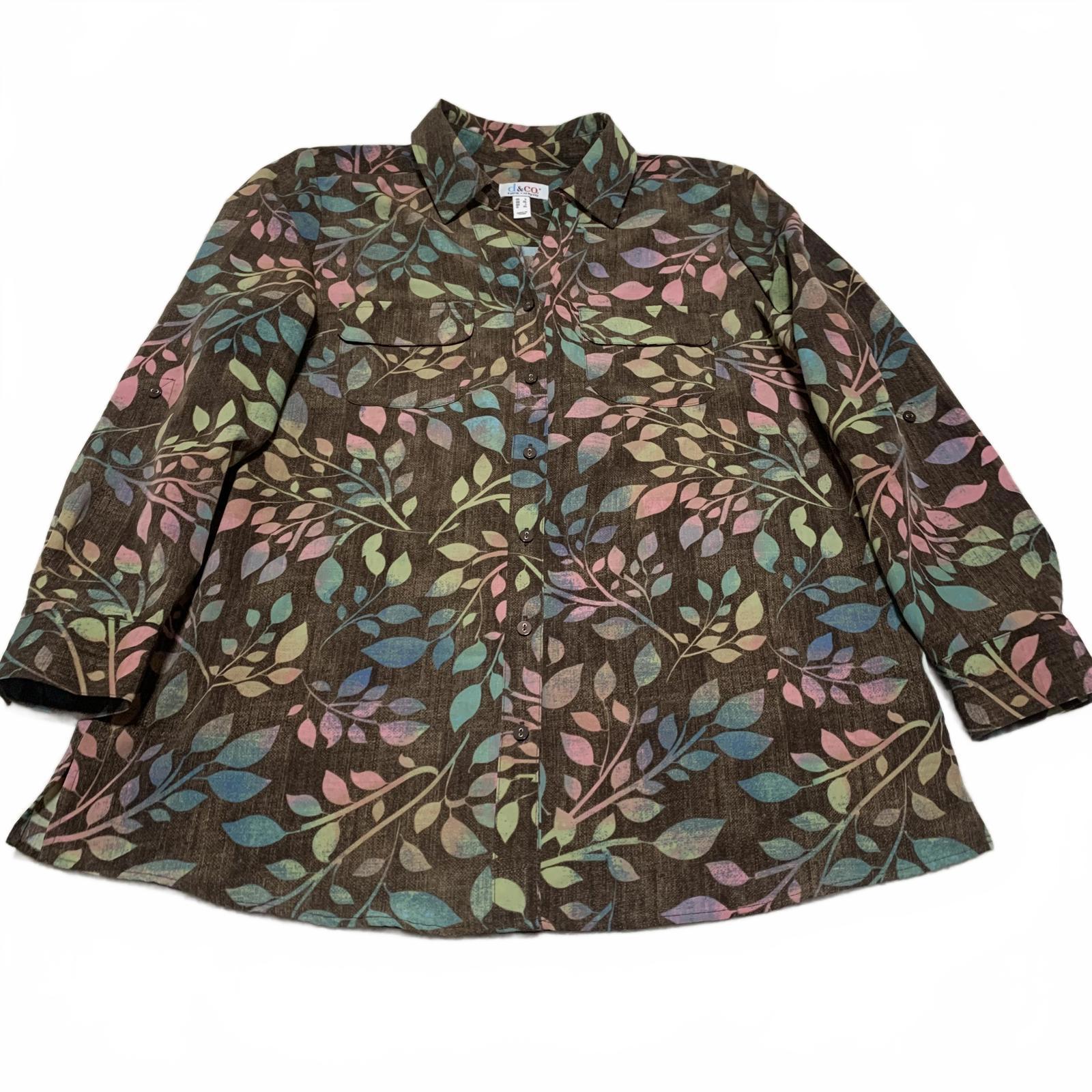 Camisa con estampado de hojas multicolor de Denim &amp; Company d&amp;co para mujer, talla L, estilo bohemio otoñal