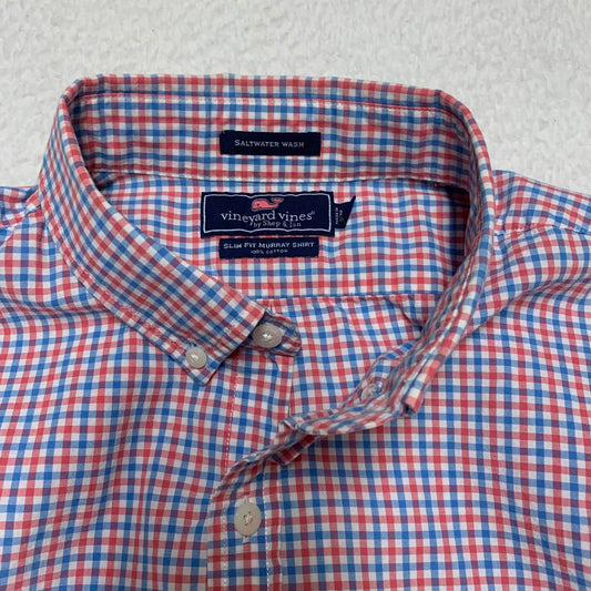 Vineyard Vines Men’s Large Red Blue Check Slim Fit Murray Button Shirt