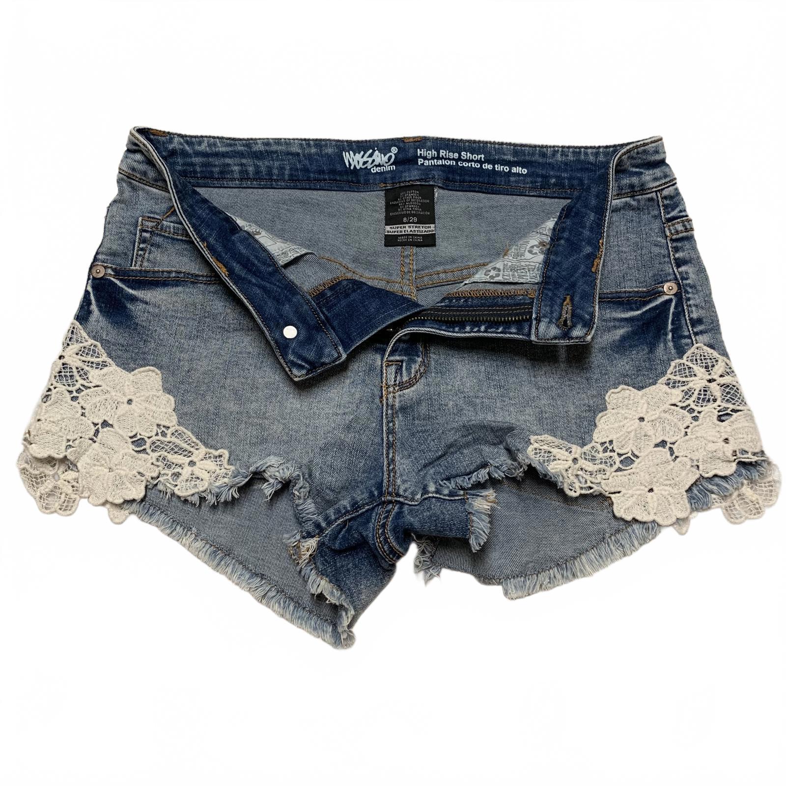 Shorts vaqueros de tiro alto con ribete de encaje Mossino para mujer, talla 8/W29