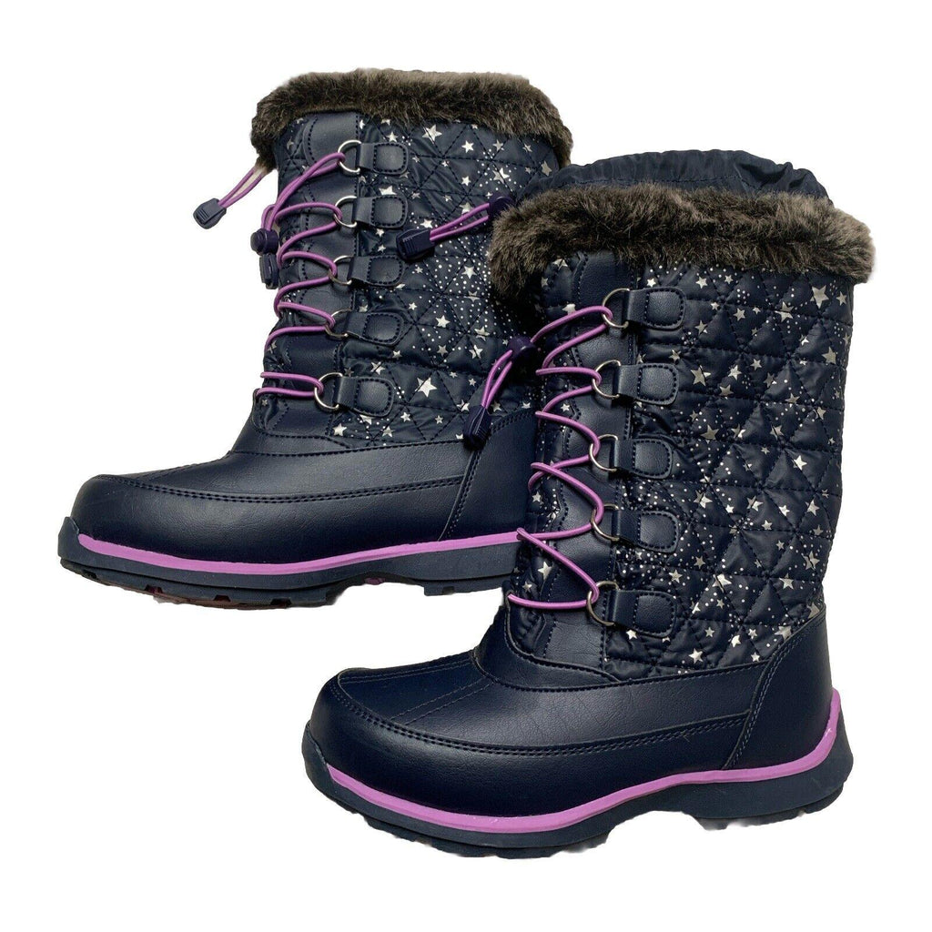 Botas de invierno para lluvia y nieve Lands End para niñas, talla 4M, color azul marino y morado con ribete de encaje y estrellas