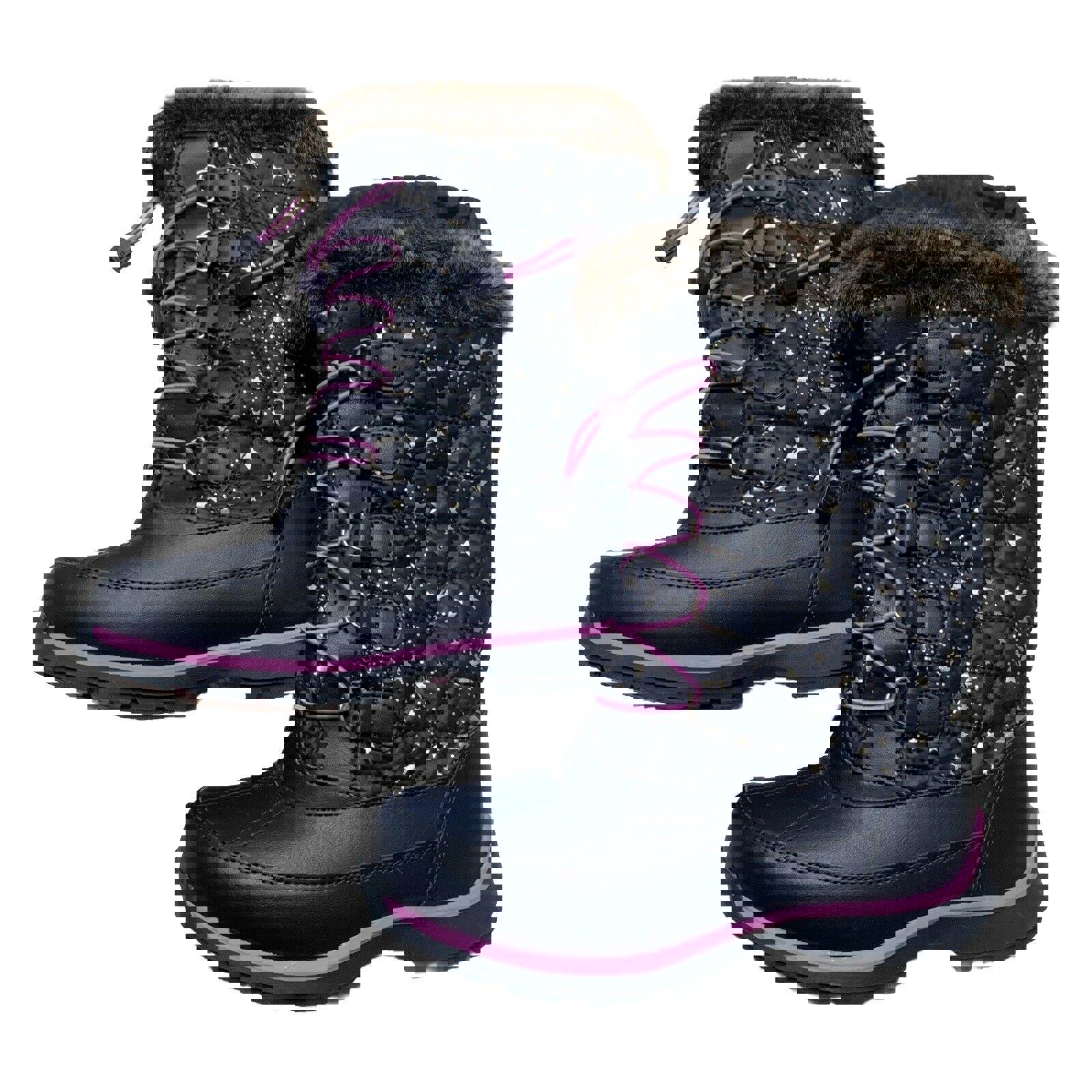 Botas de invierno para lluvia y nieve Lands End para niñas, talla 4M, color azul marino y morado con ribete de encaje y estrellas