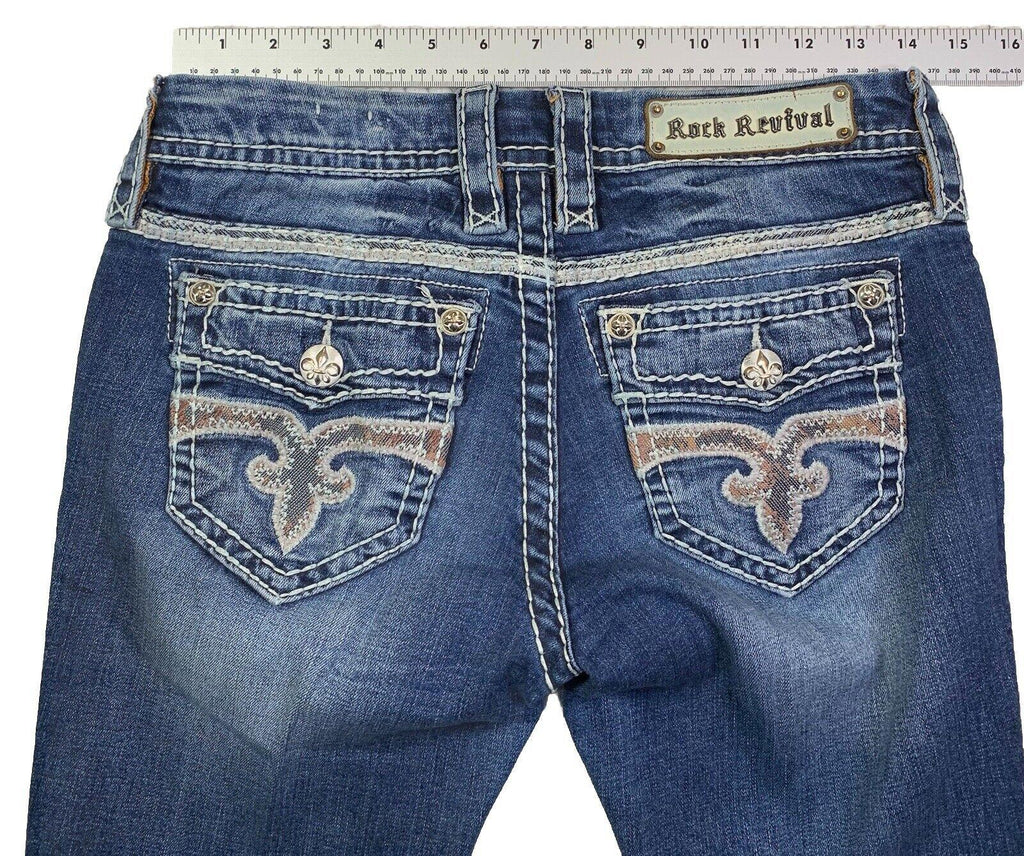 Vaqueros Rock Revival para mujer, talla 27, con bolsillo vaquero y puntadas llamativas