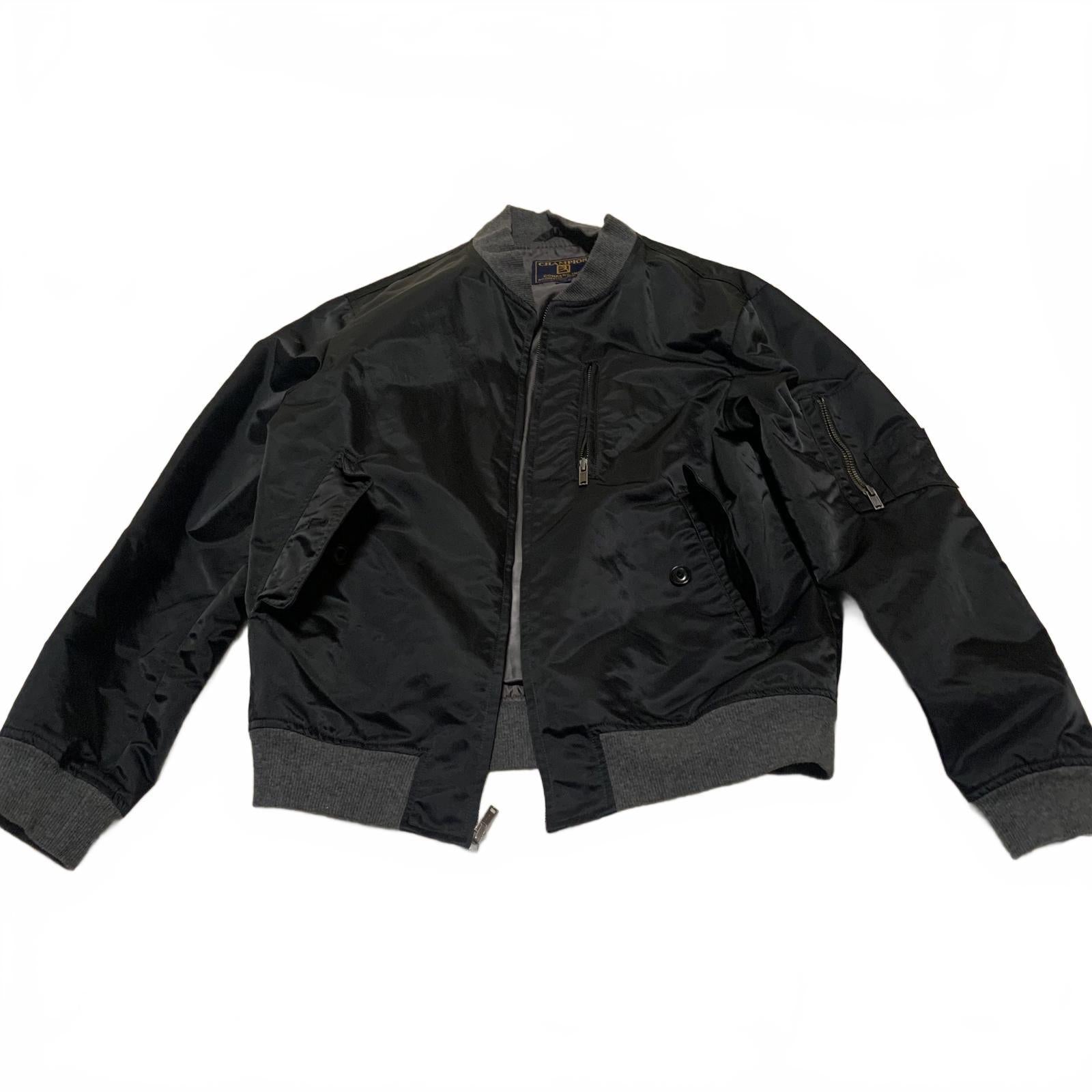 Chaqueta bomber negra vintage de los años 90 de Champion Co. para hombre, talla M, puños acanalados grises.