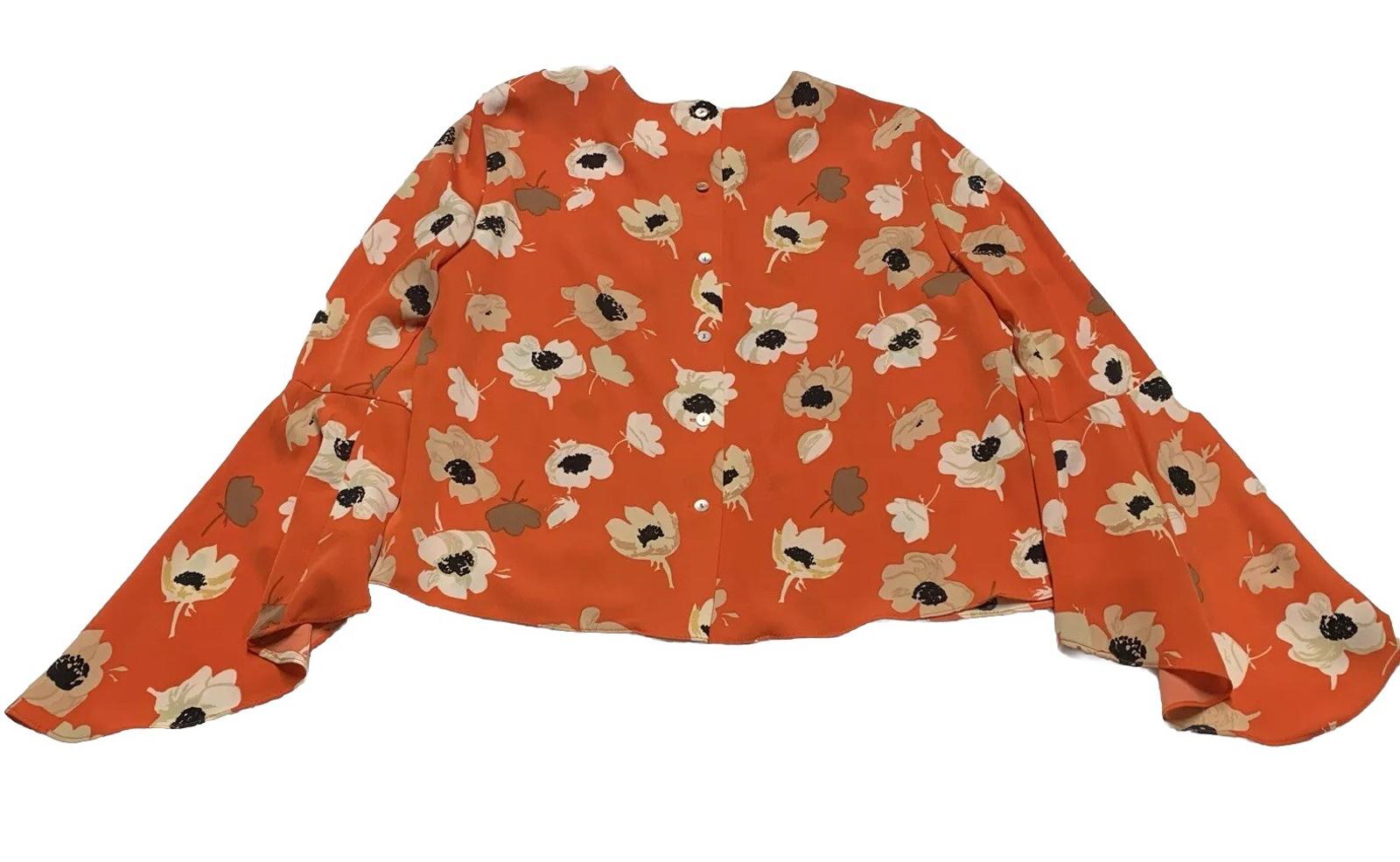 Blusa con mangas acampanadas y estampado floral naranja de Carmen Marc Valvo para mujer, talla 8