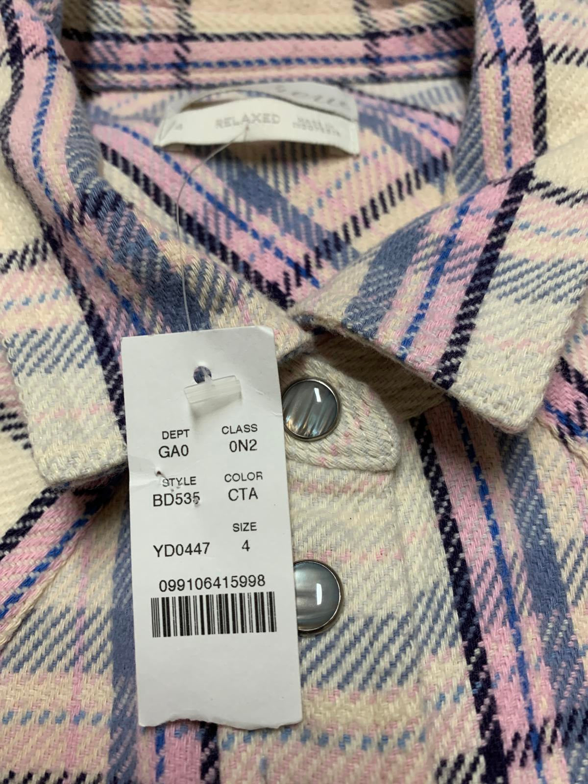 Camisa de franela para mujer J. Crew, talla 4, color lavanda, cuadros pastel, algodón con broches de perlas