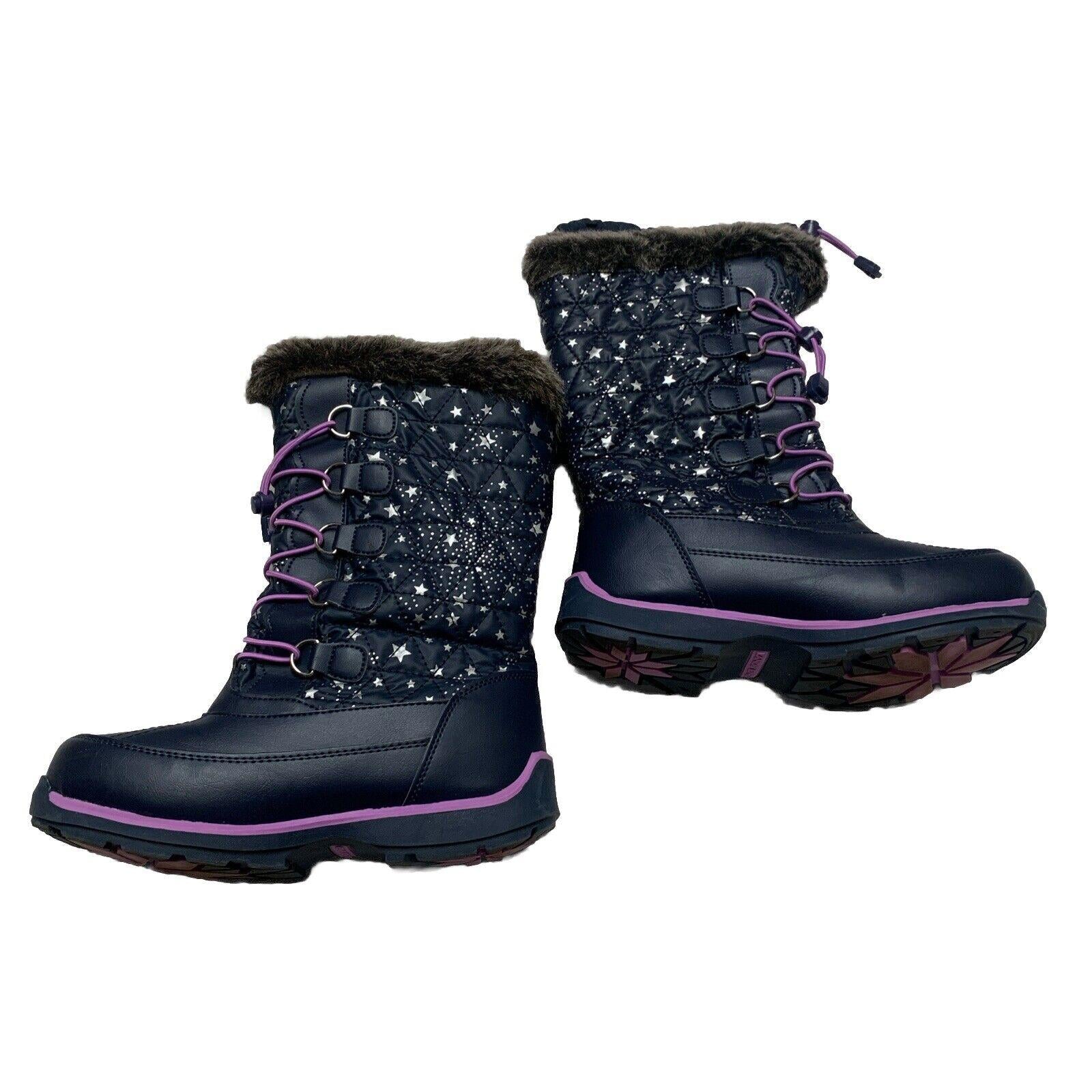 Botas de invierno para lluvia y nieve Lands End para niñas, talla 4M, color azul marino y morado con ribete de encaje y estrellas