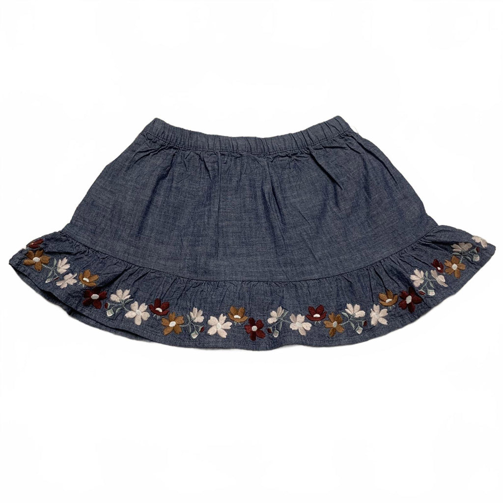 Falda vaquera azul con bordado floral y pantalones cortos rosas para niñas Gymboree talla 3T