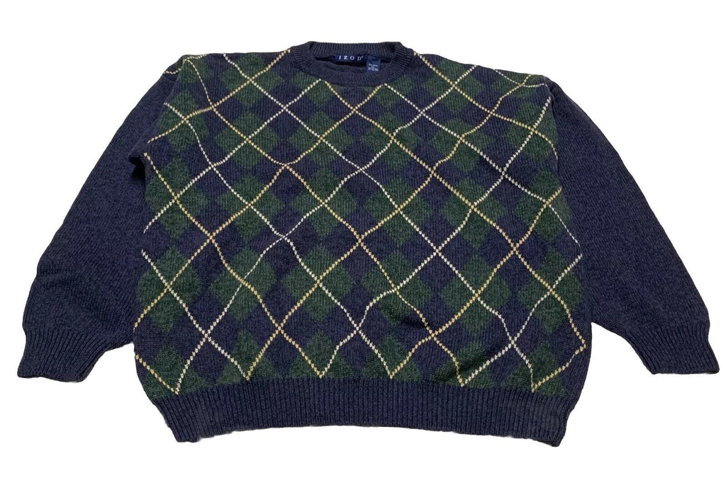 Izod Men's XL Blue Green Knit Sweater Argyle Diamond Crew Neck 100% Cotton