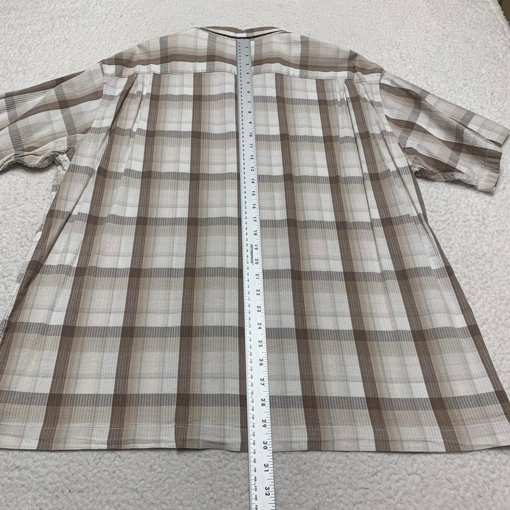 Van Heusen Camisa con botones de manga corta a cuadros beige talla XXL para hombre