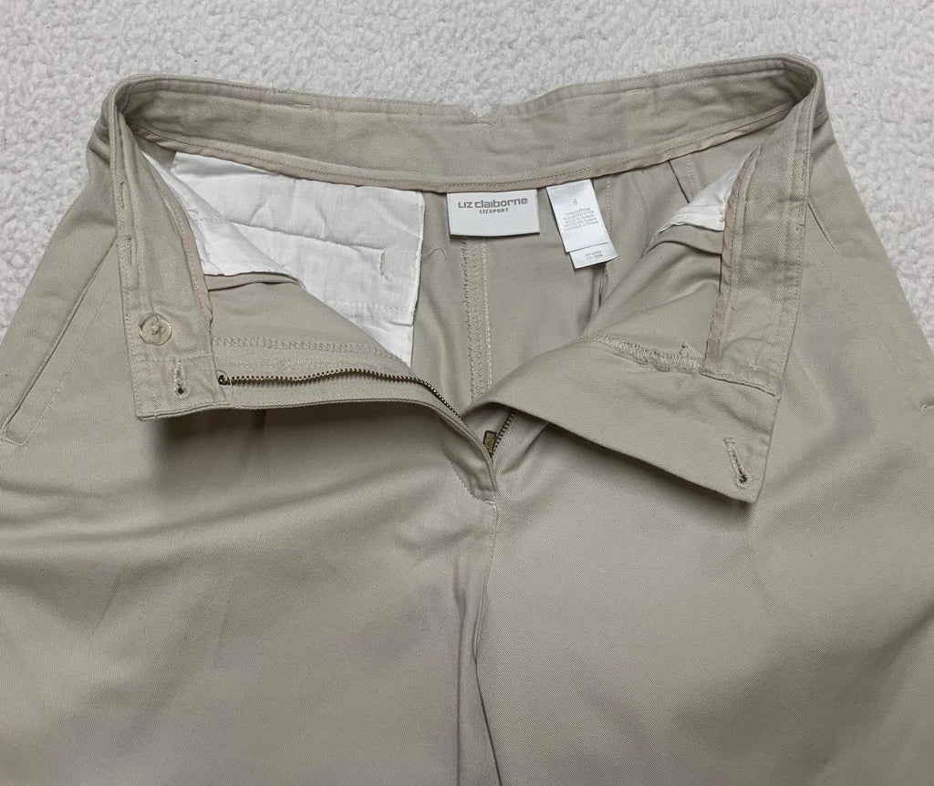 Pantalones cortos plisados ​​de algodón color caqui de Liz Claiborne Liz Sport para mujer, talla 8