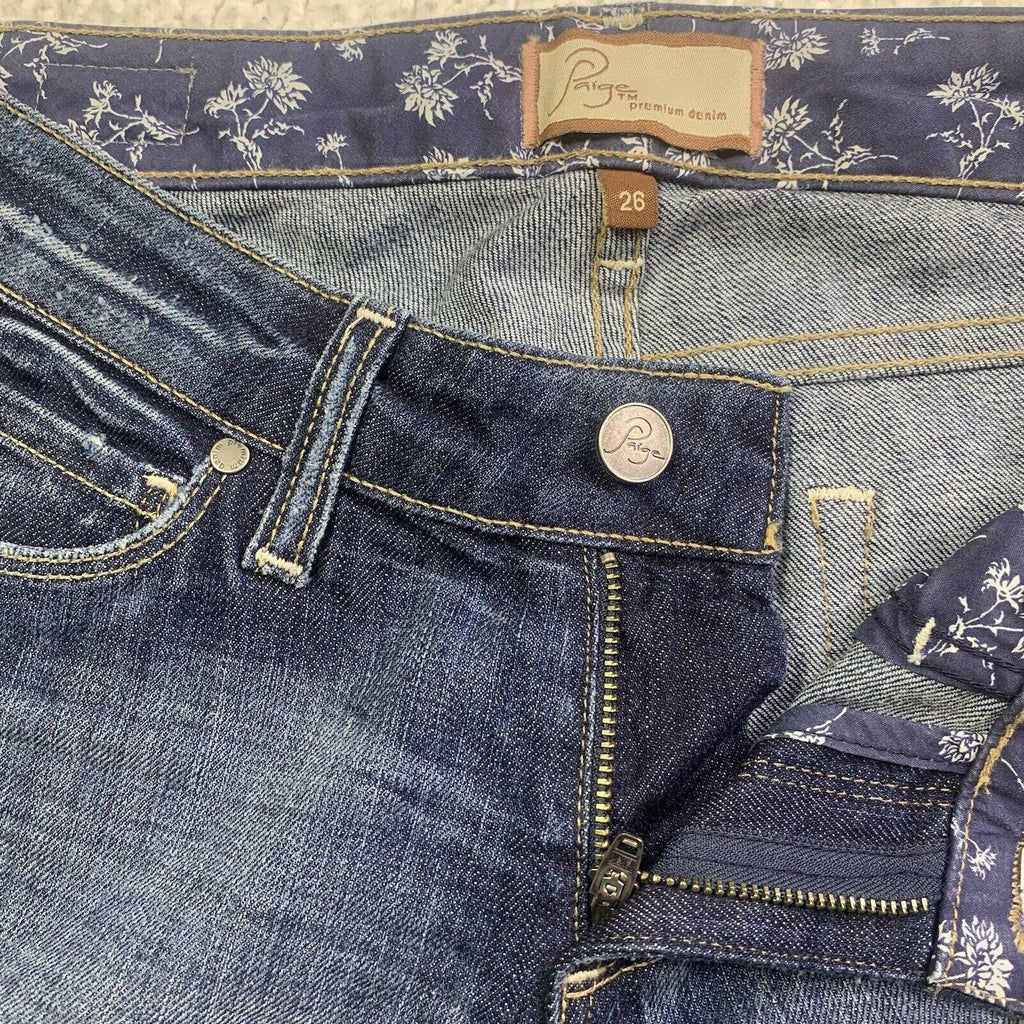 Jeans Paige Skyline para mujer, talla 26, ajustados, con pierna al tobillo, tiro bajo, desgastados, ancho 28 x 29 L