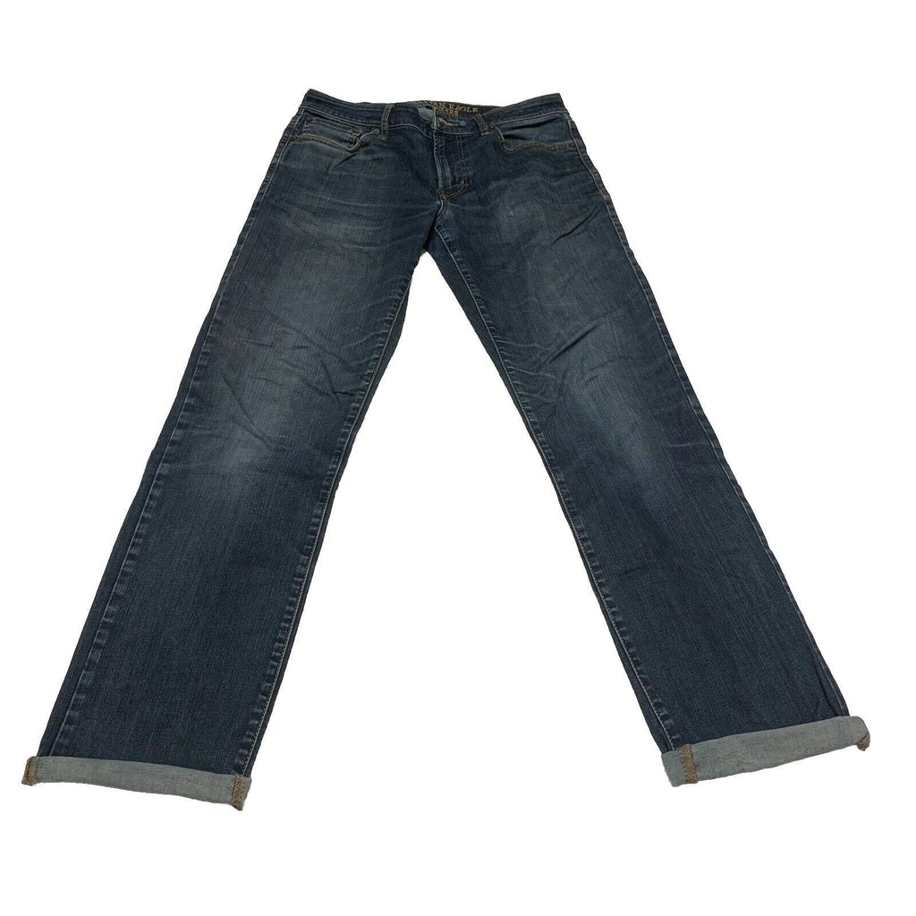 Vaqueros rectos American Eagle Outfitters para hombre, denim flexible con lavado azul oscuro, talla 32/34
