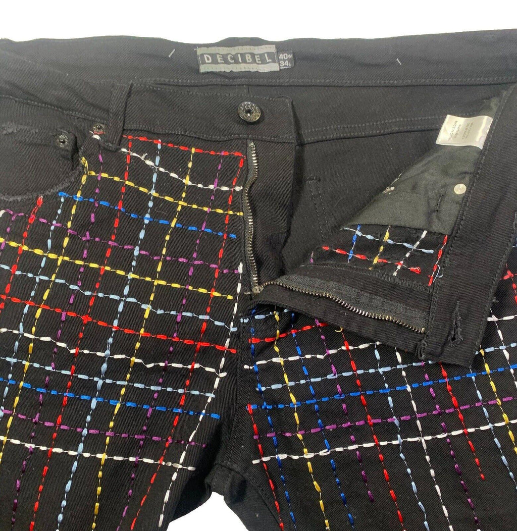 Vaqueros negros Decibel para hombre, 40 x 34, bordados al frente y deshilachados