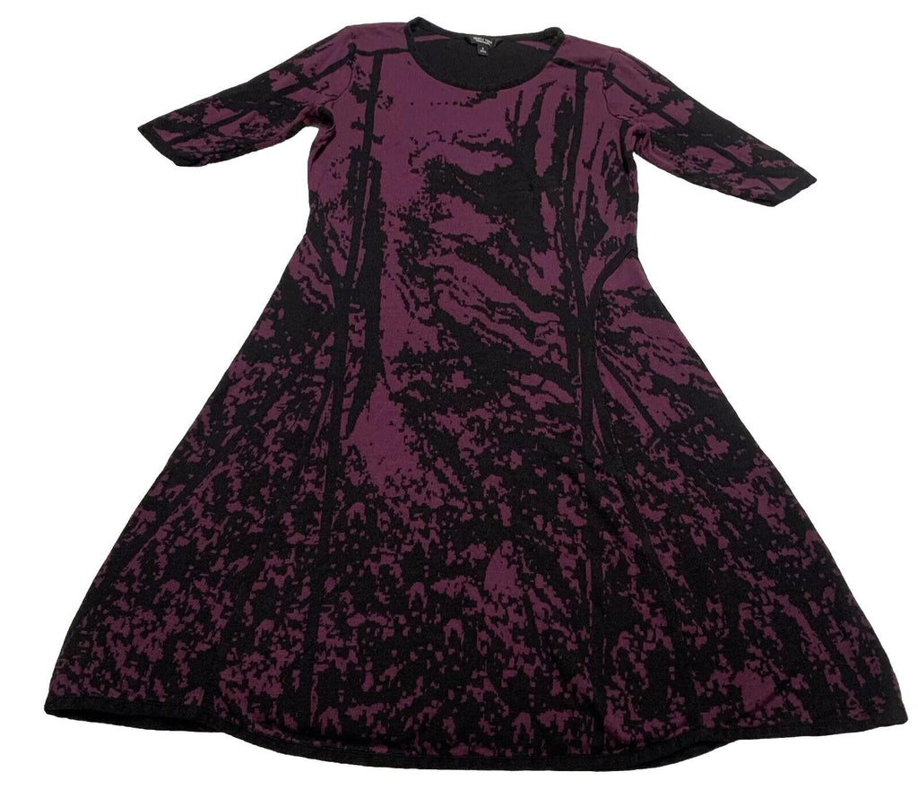 Vestido morado y negro abstracto Simply Vera Vera Wang, talla S, para mujer, con mangas 3/4 hasta la rodilla