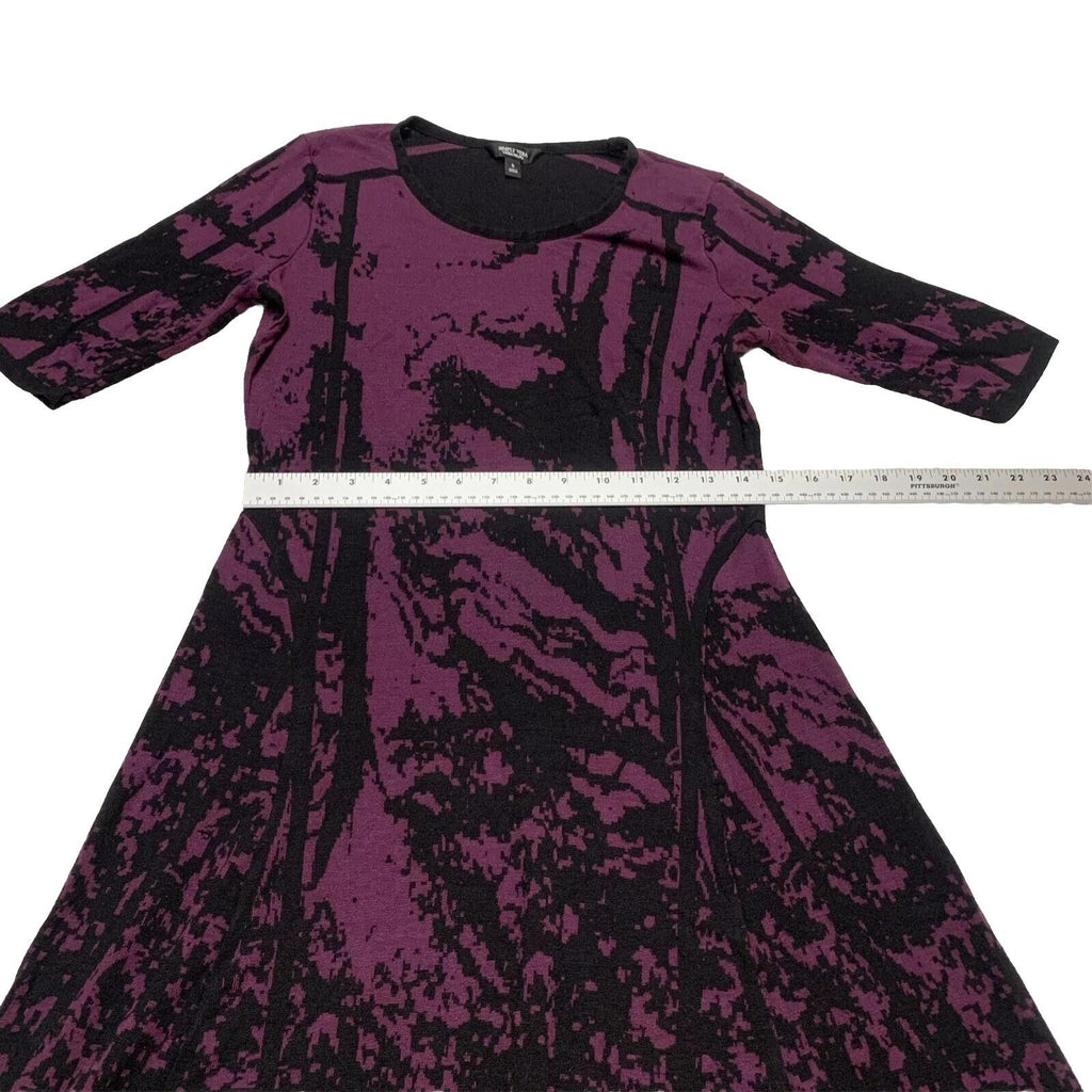 Vestido morado y negro abstracto Simply Vera Vera Wang, talla S, para mujer, con mangas 3/4 hasta la rodilla