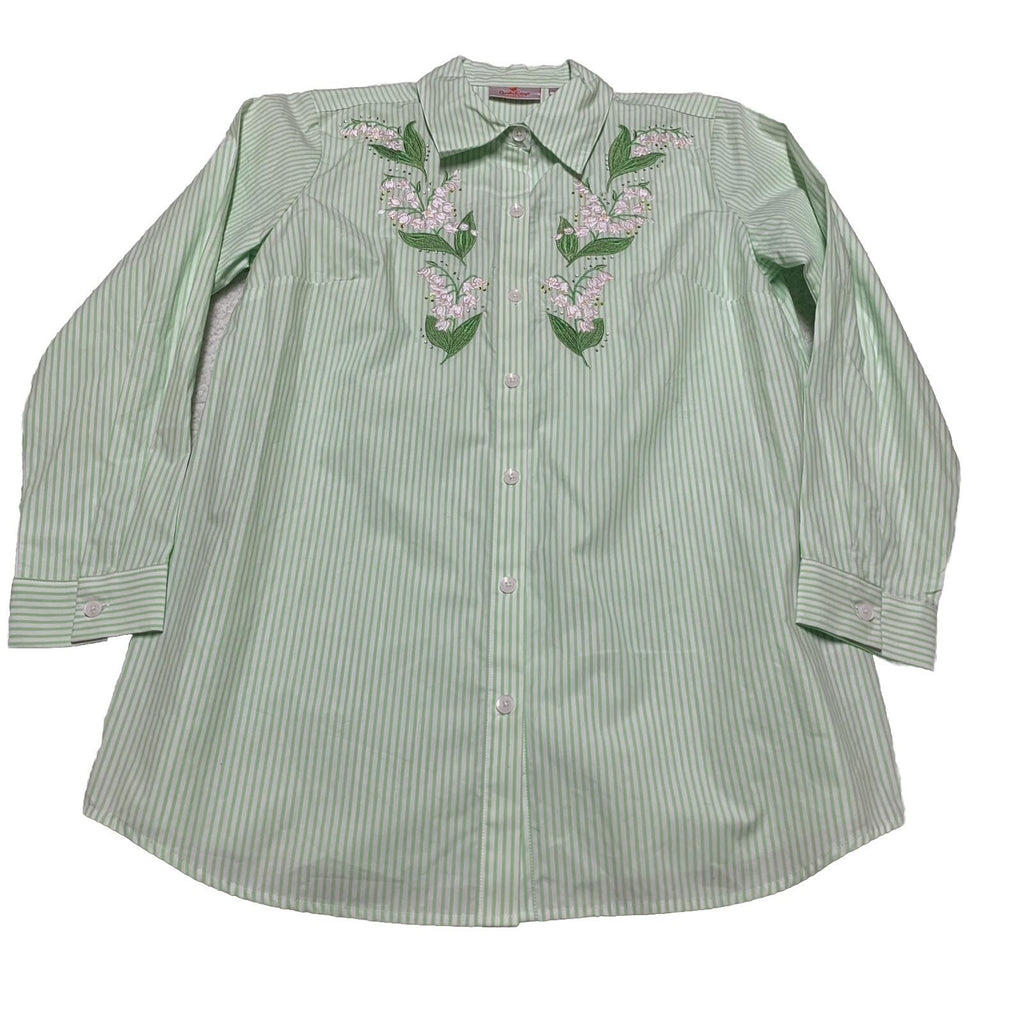 Camisa de botones a rayas verdes con bordado floral para mujer, talla S de Quacker Factory