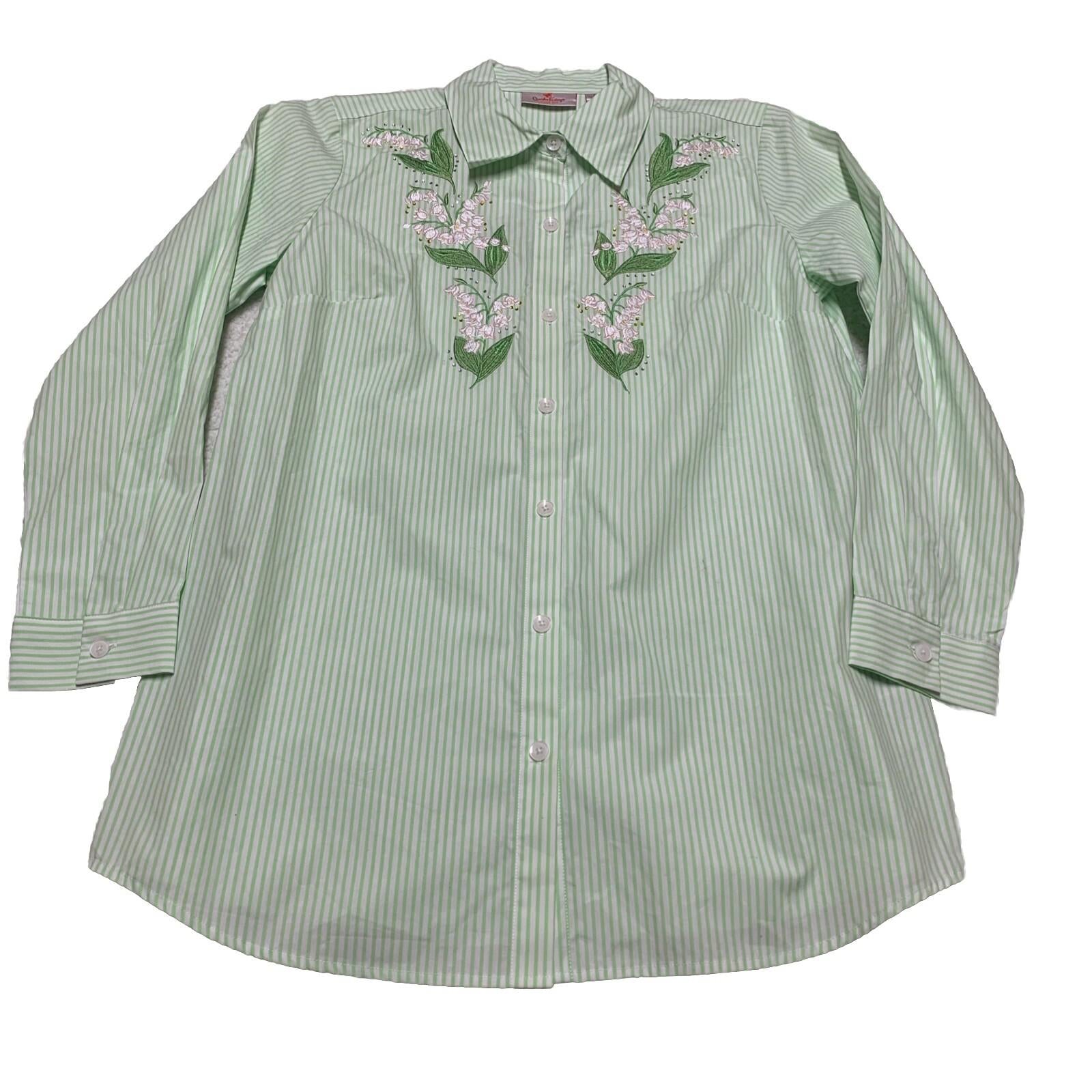Camisa de botones a rayas verdes con bordado floral para mujer, talla S de Quacker Factory