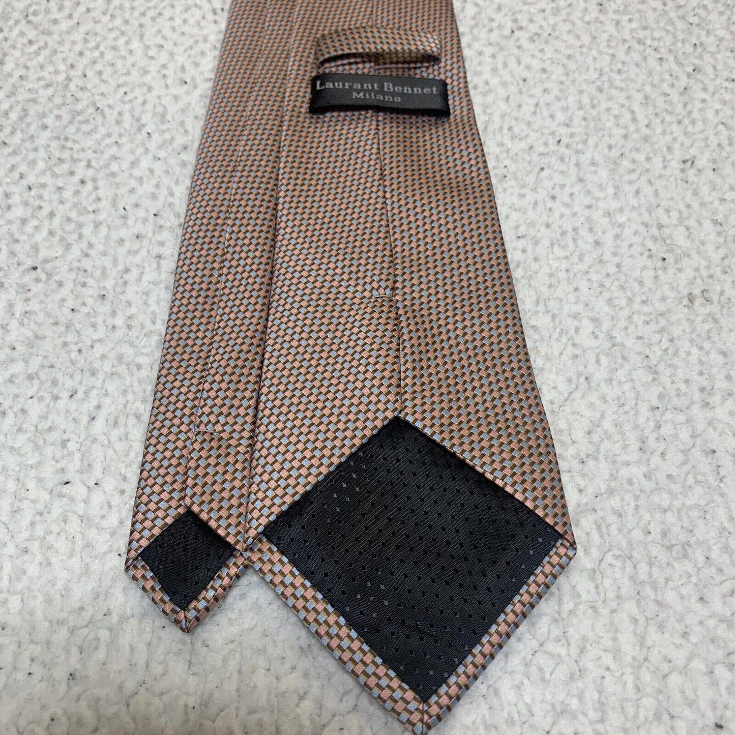 Laurant Bennet Milano Men’s Tie 58” Peach Grayish Blue Brown Square Print