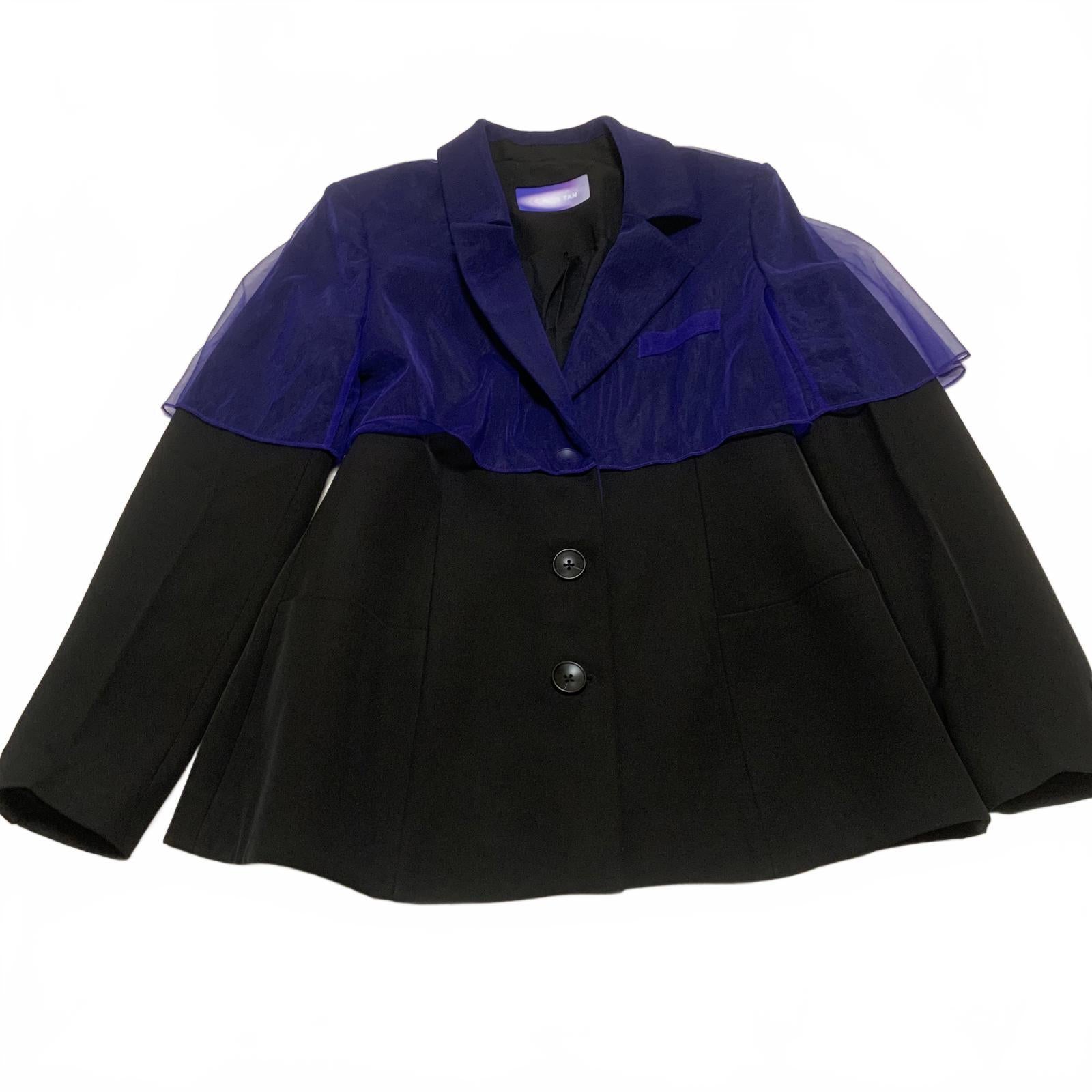 Blazer negro Fengyi Tan para mujer, talla mediana, con superposición azul transparente