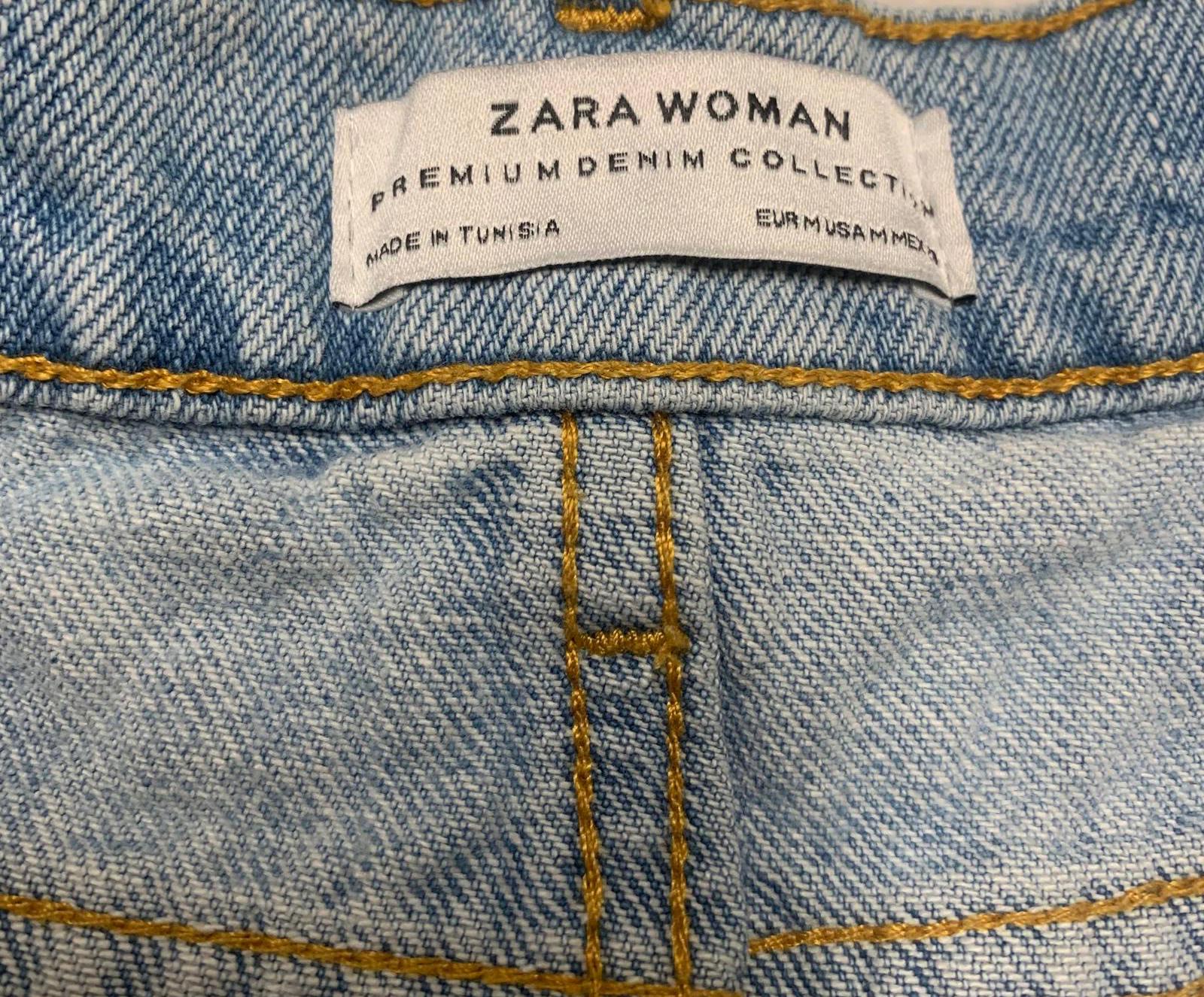 Falda vaquera desgastada azul claro para mujer de Zara, talla M, con detalles de cuentas de perla