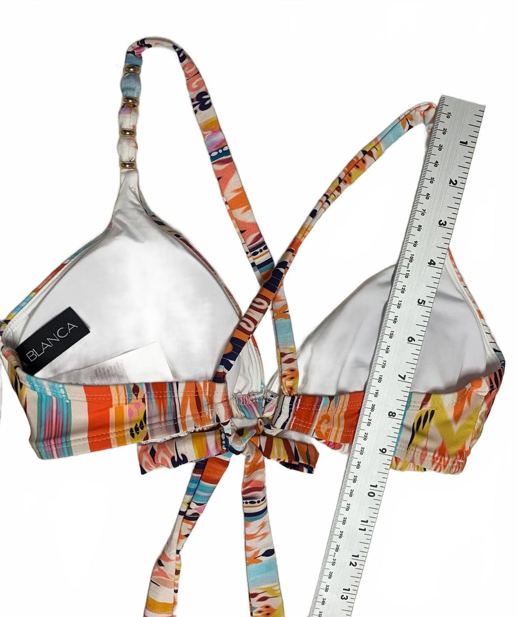 Top de bikini triangular con tirantes de cuentas y estampado colorido LA Blanca para mujer, talla 10
