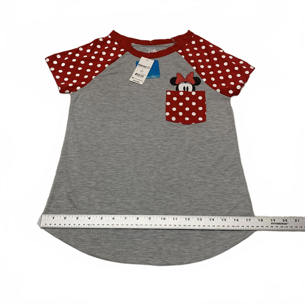 Camiseta de Minnie Mouse de Disney para niña, talla pequeña 3-5, color rojo y gris, con mangas de lunares