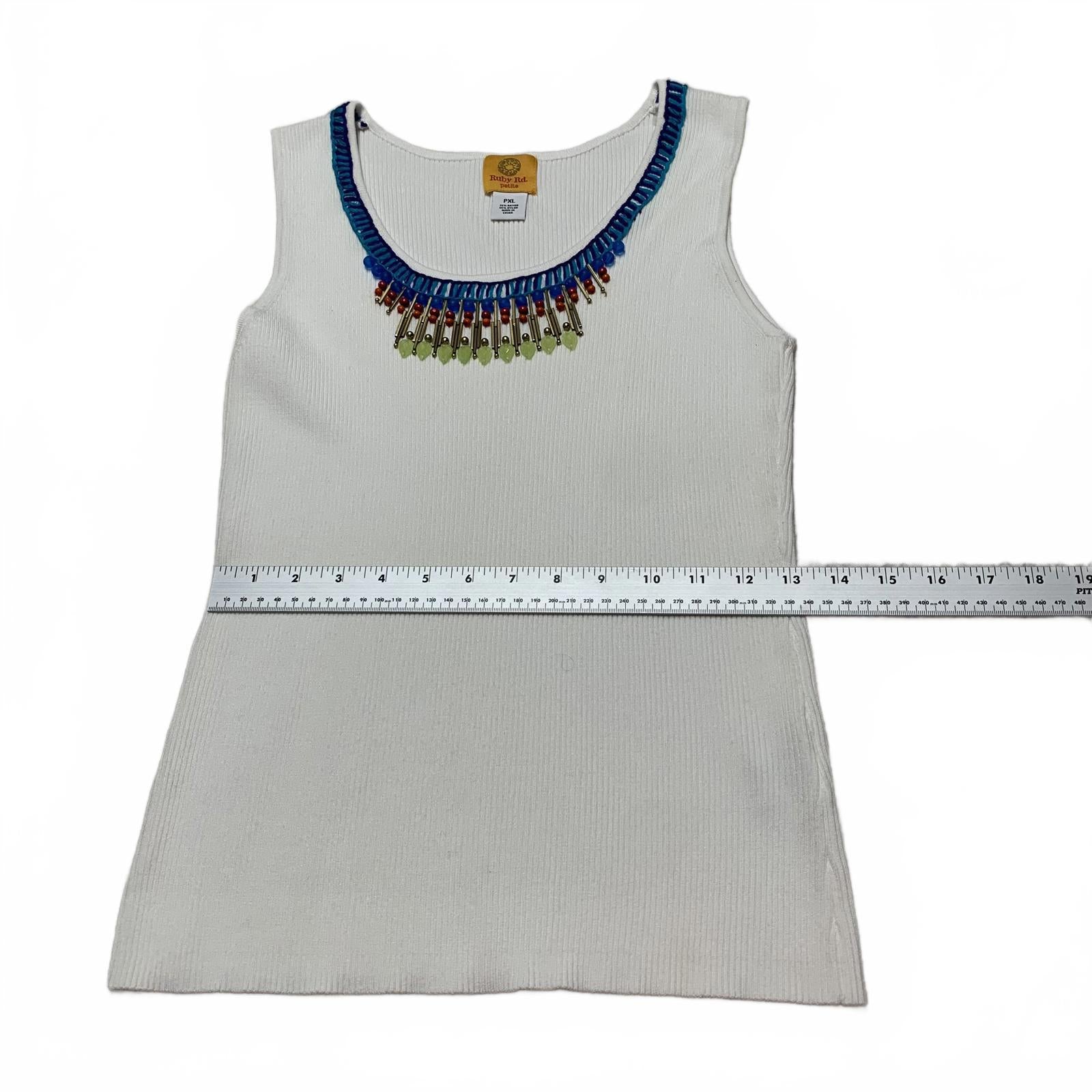 Ruby Rd. Camiseta sin mangas de punto acanalado blanco para mujer, talla XL, escote decorativo