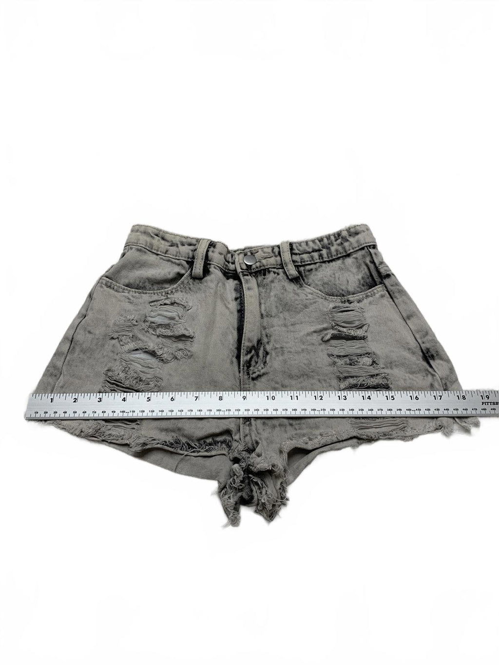 LE LIS Pantalones cortos vaqueros desgastados grises talla pequeña W25 de tiro medio con dobladillo deshilachado