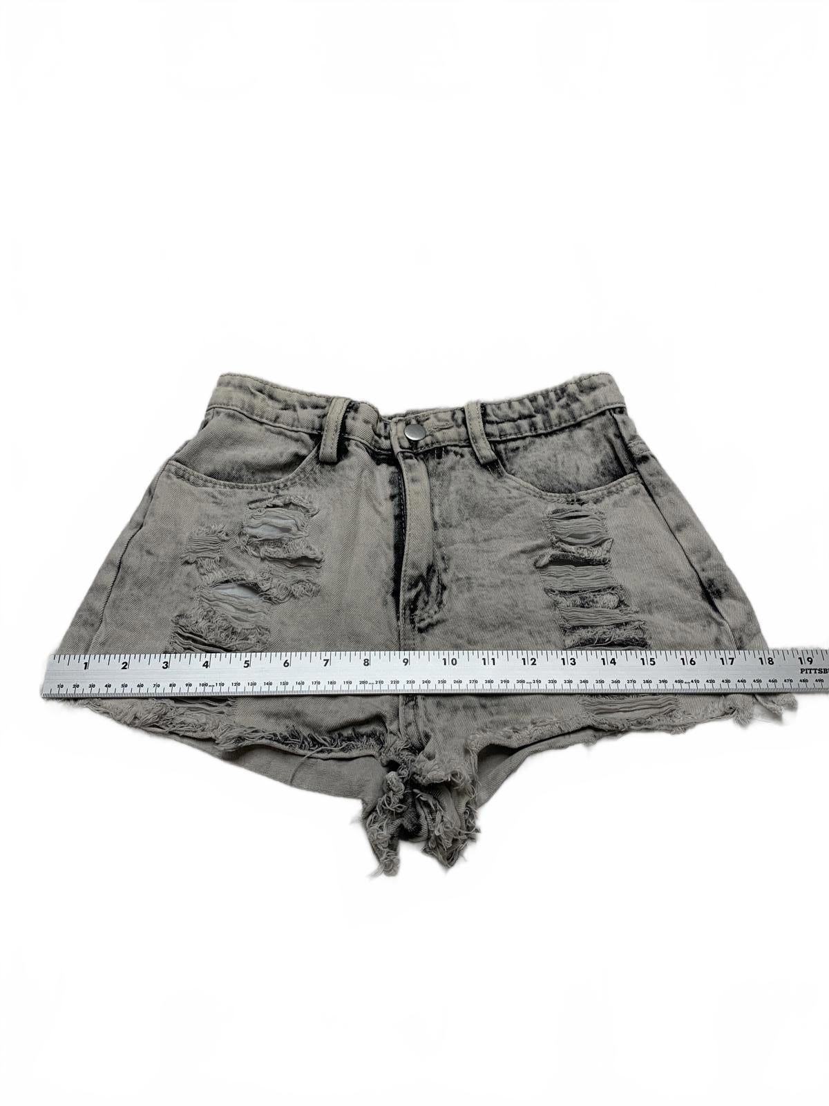 LE LIS Pantalones cortos vaqueros desgastados grises talla pequeña W25 de tiro medio con dobladillo deshilachado