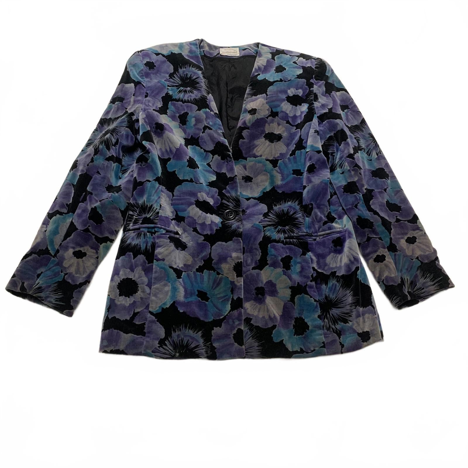 Blazer vintage Weathervane de los años 80 para mujer, talla 8, estampado floral, morado y verde azulado