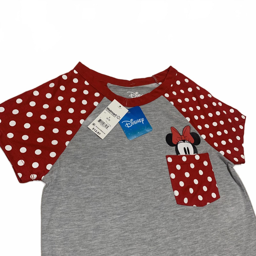 Camiseta de Minnie Mouse de Disney para niña, talla pequeña 3-5, color rojo y gris, con mangas de lunares