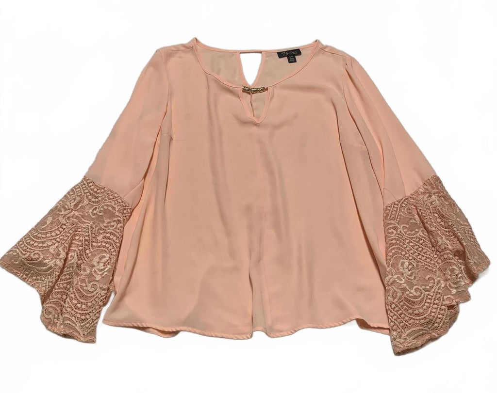 Blusa Thalia Sodi Forever 21 para mujer, talla grande, color melocotón, con mangas de encaje acampanadas