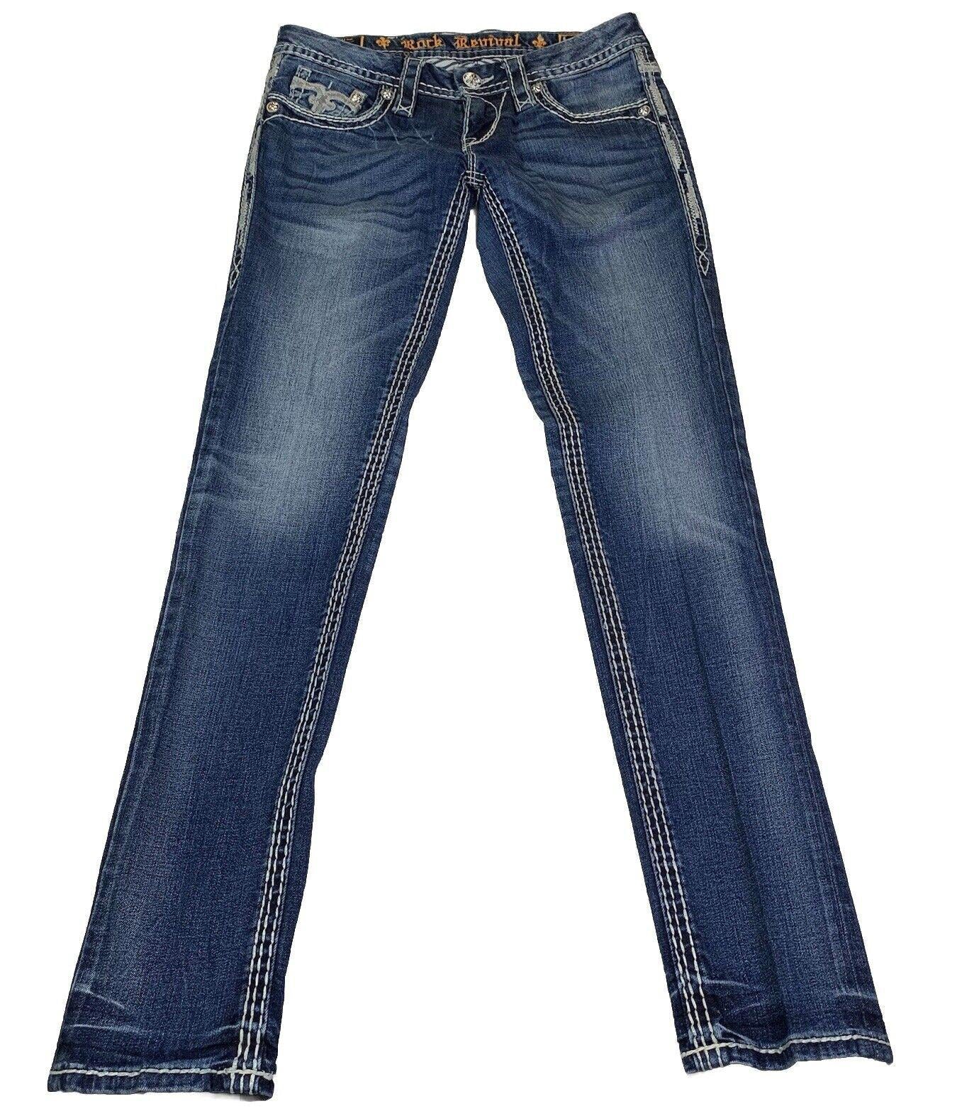 Vaqueros Rock Revival para mujer, talla 27, con bolsillo vaquero y puntadas llamativas