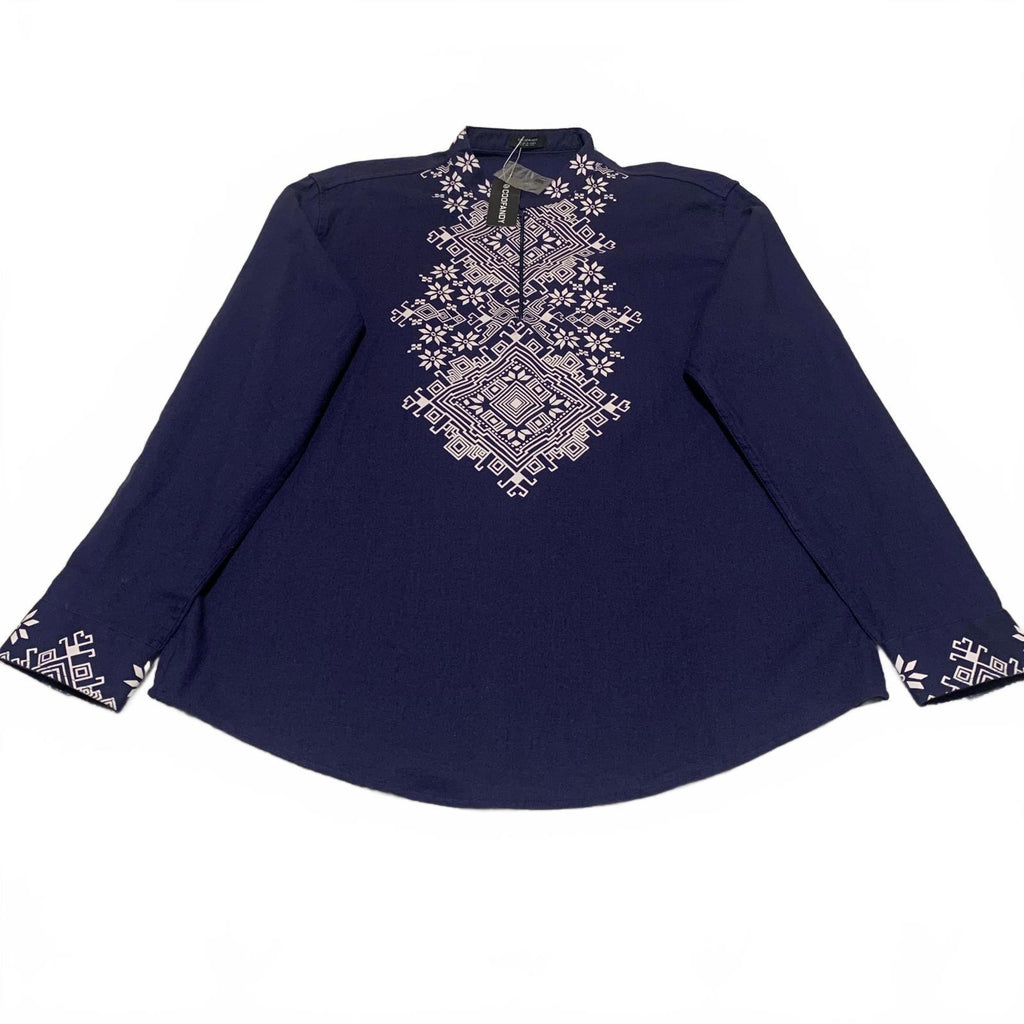 Camisa de algodón con cuello túnica bordada de manga larga azul talla XL para hombre de Coofandy