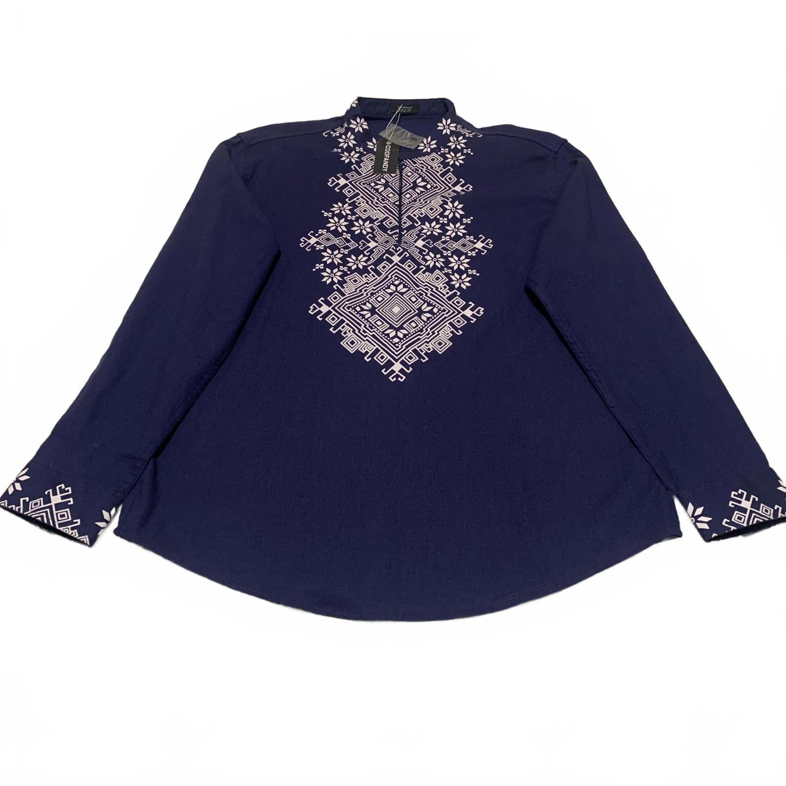 Camisa de algodón con cuello túnica bordada de manga larga azul talla XL para hombre de Coofandy