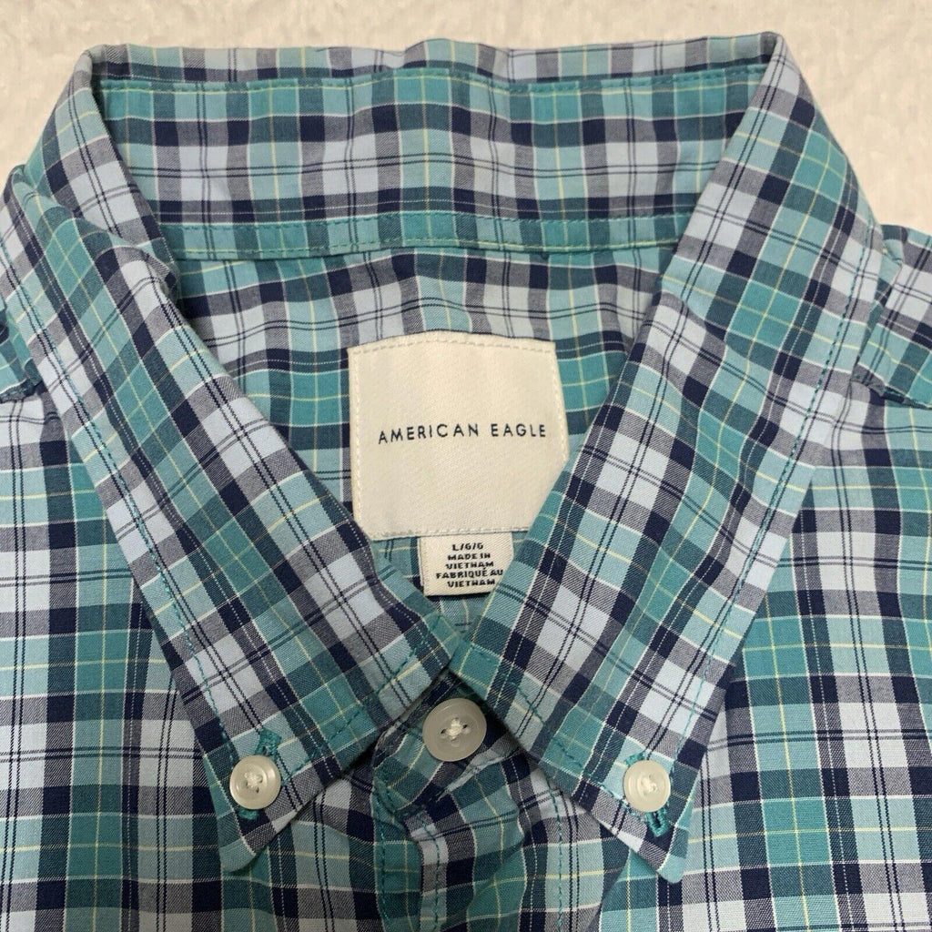 Camisa abotonada azul verdoso de manga larga a cuadros para mujer de American Eagle, talla grande