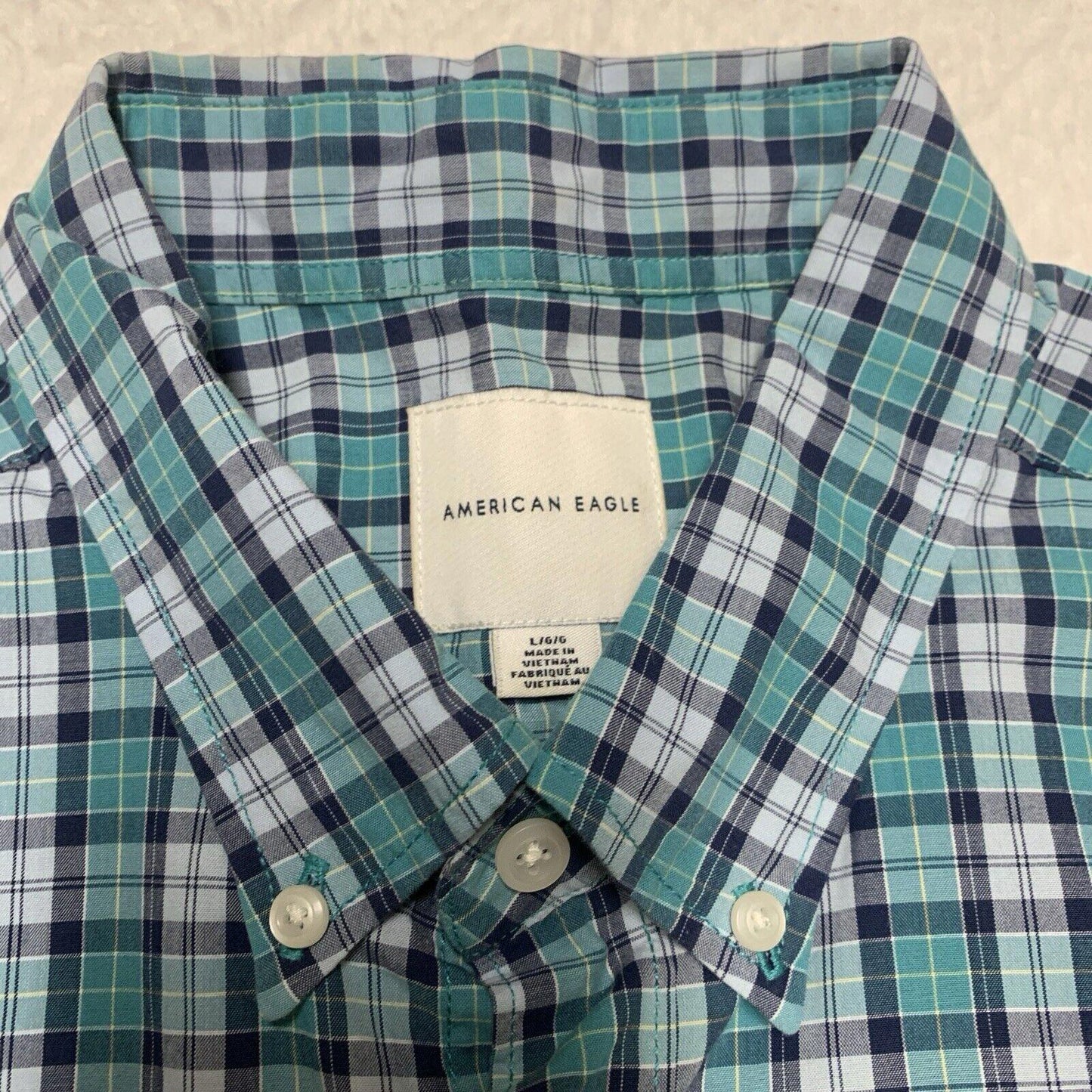 American Eagle Women’s Size Large Teal Blue Button up Shirt Plaid Long Sleeve
