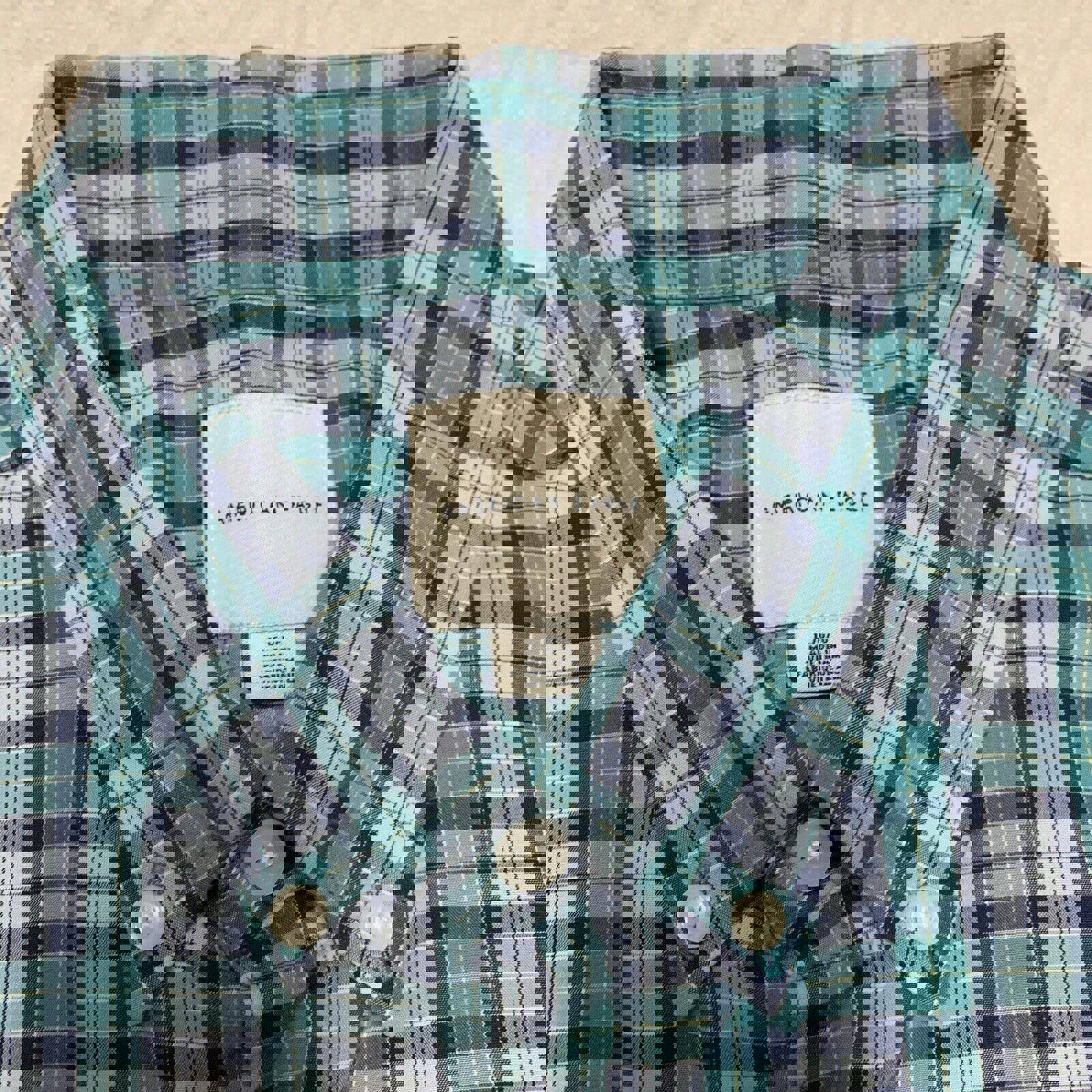 Camisa abotonada azul verdoso de manga larga a cuadros para mujer de American Eagle, talla grande