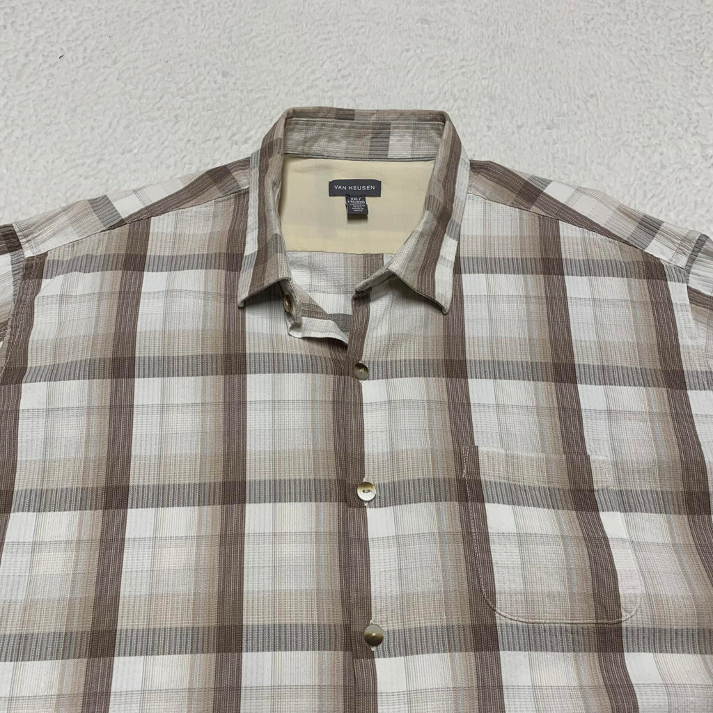 Van Heusen Camisa con botones de manga corta a cuadros beige talla XXL para hombre