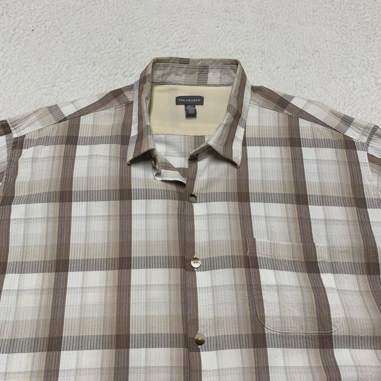 Van Heusen Mens Size XXL Beige Plaid Short Sleeve Button Shirt
