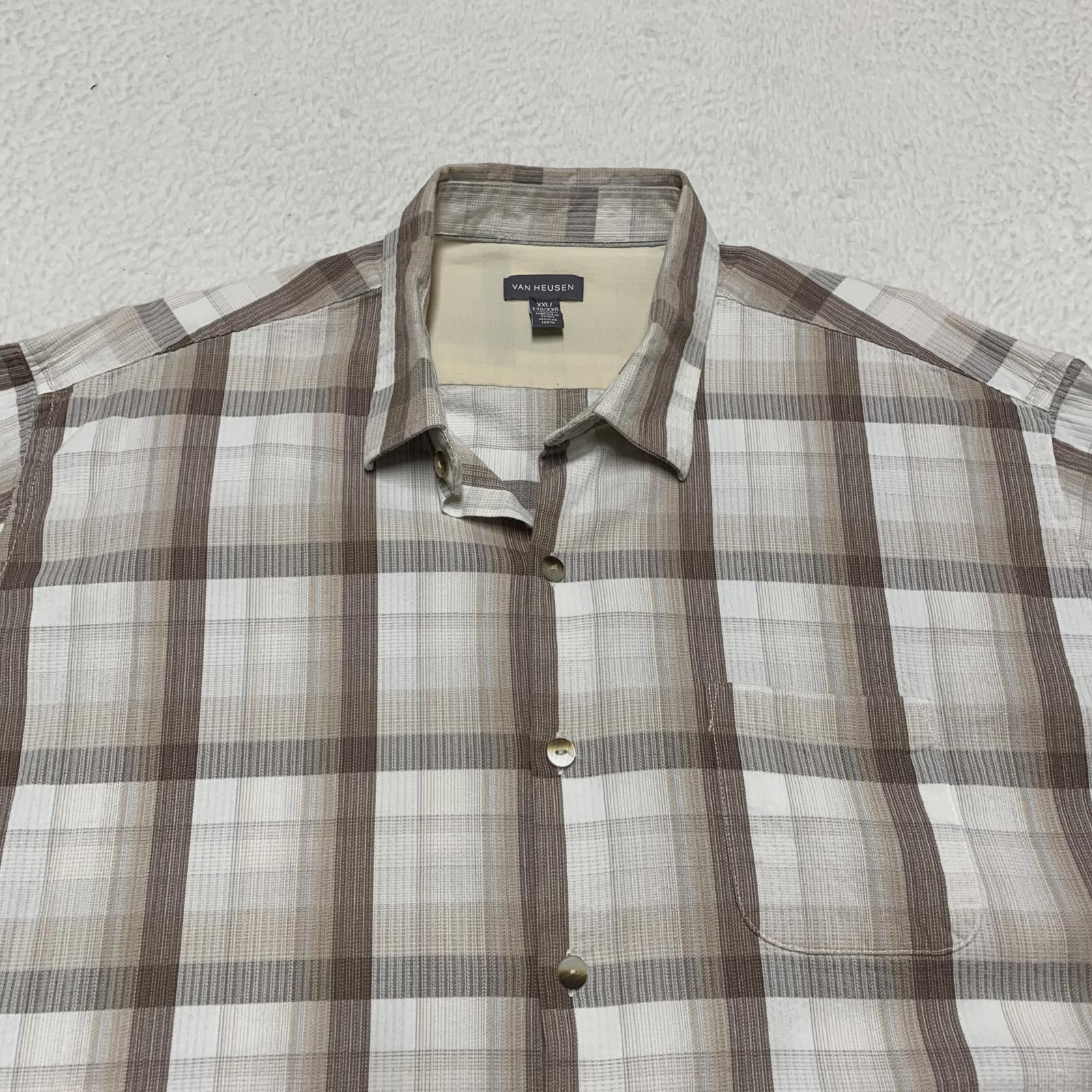 Van Heusen Camisa con botones de manga corta a cuadros beige talla XXL para hombre