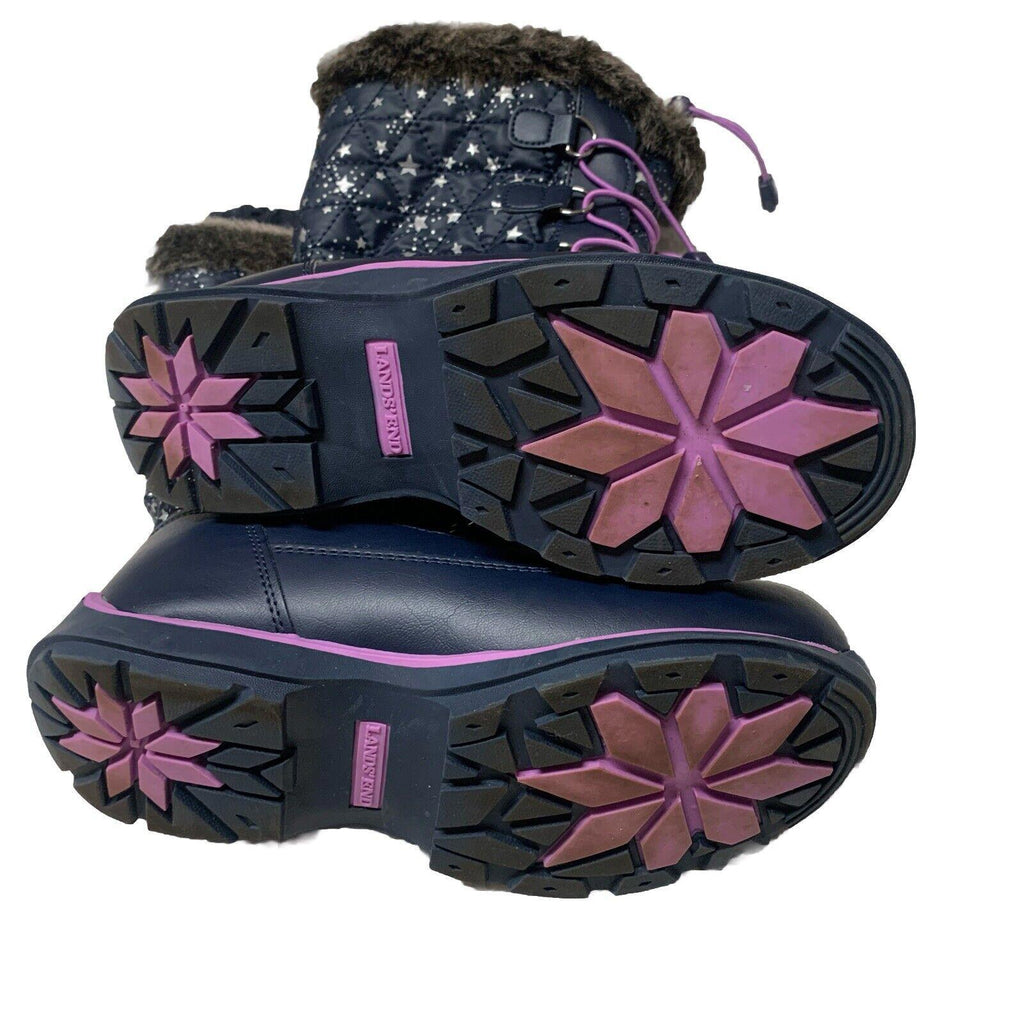 Botas de invierno para lluvia y nieve Lands End para niñas, talla 4M, color azul marino y morado con ribete de encaje y estrellas