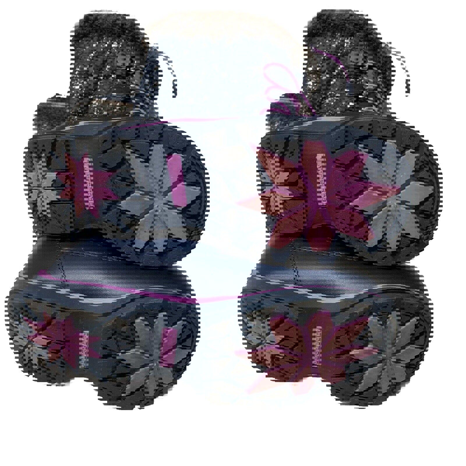 Botas de invierno para lluvia y nieve Lands End para niñas, talla 4M, color azul marino y morado con ribete de encaje y estrellas