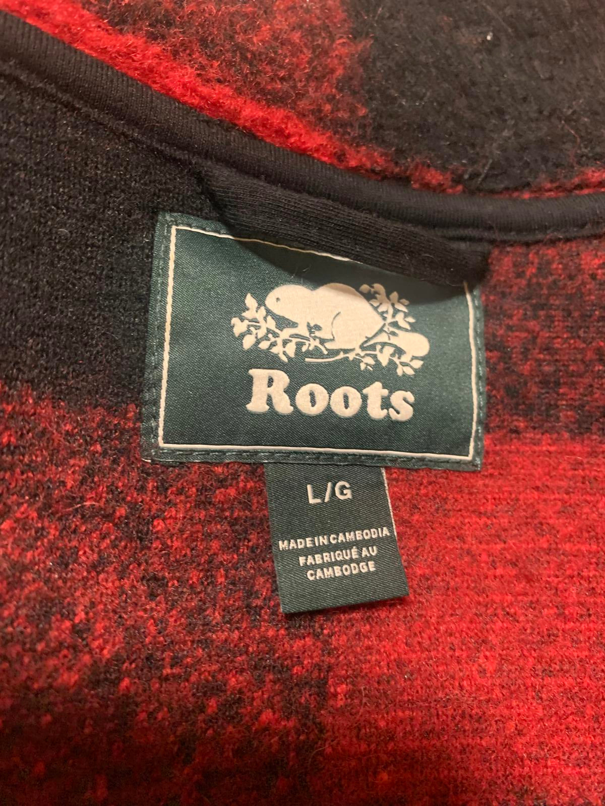 Chaqueta de forro polar con cremallera a cuadros rojos y negros Roots para hombre, talla L, estilo cálido y clásico