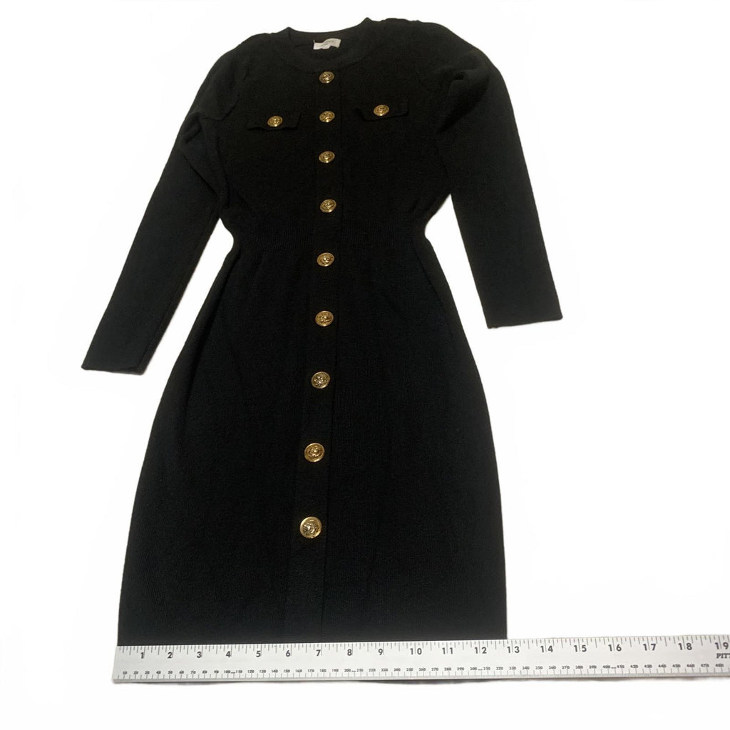 Vestido elástico negro de manga larga con botones delanteros de Moocci Paris, talla S/M para mujer